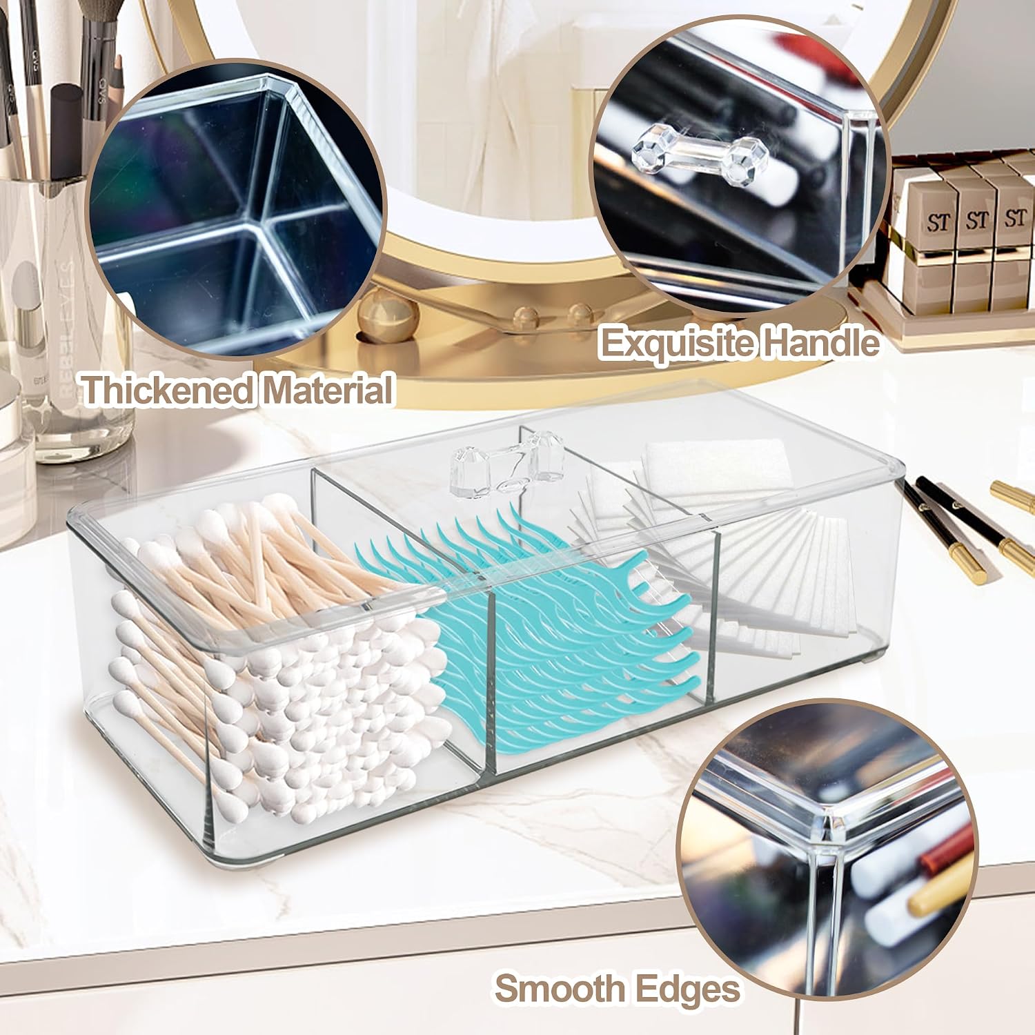 Square Q Tip And Cotton Pad Holder, 3 Compartments Organizer for Bathroom