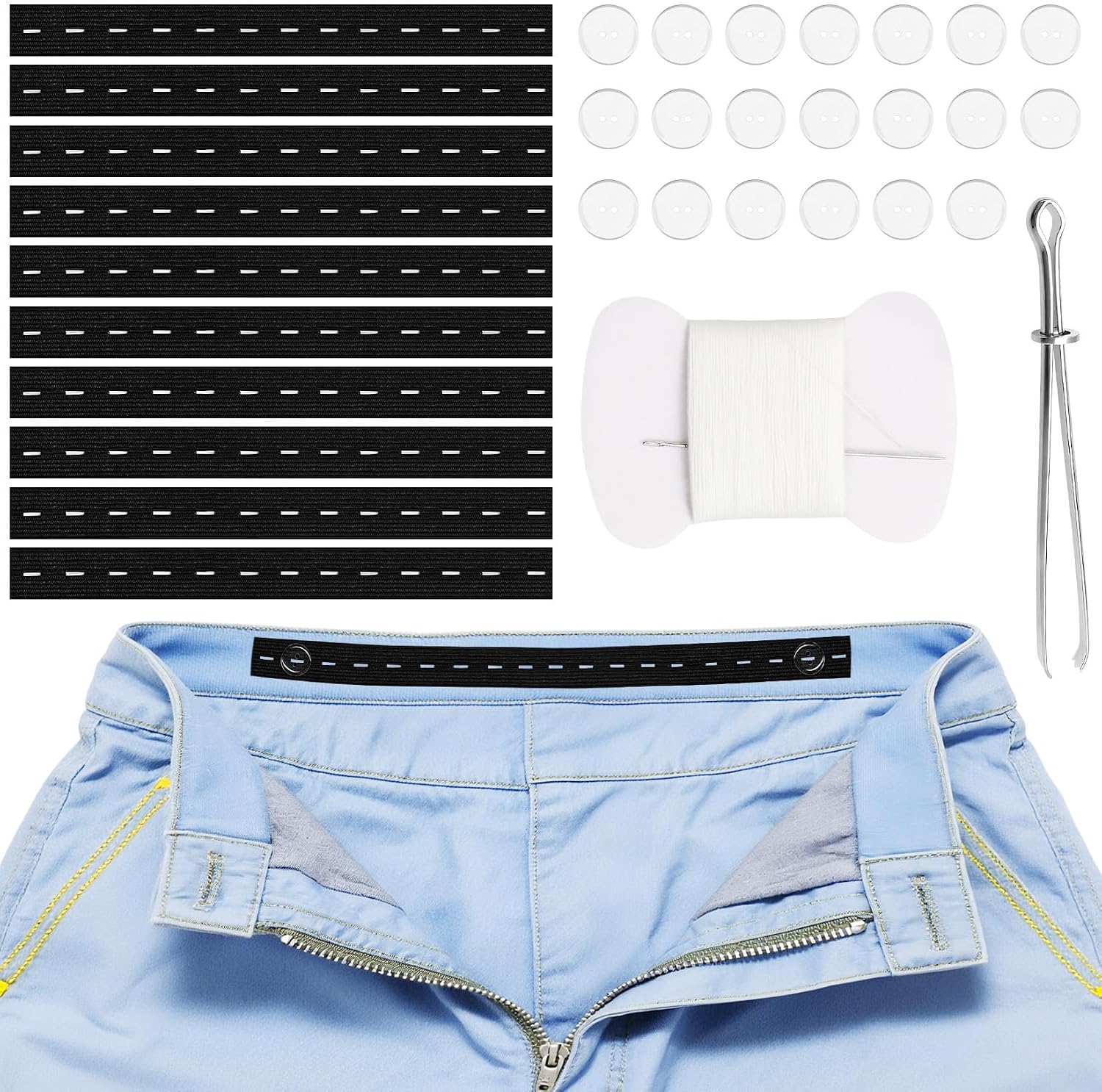 10Pcs Pant Waist Tightener Kit, Waist Tightener for Pants Women Men, Jeans Button Tightener Tool with 20 Buttons