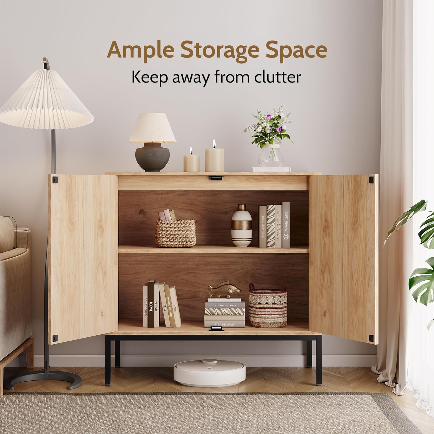 Yechen Sideboard Cabinet with doors open, showing ample storage space