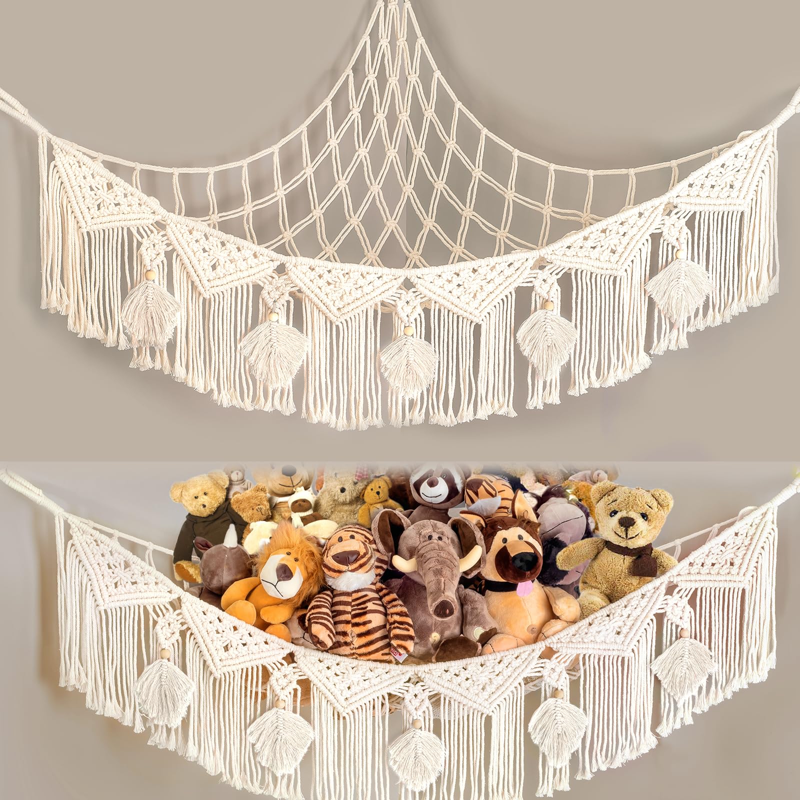 Stuffed Animal Net or Hammock Macrame Large Corner Netting Toy Storage with Boho Tassels, Handmade Hanging Net Toy Organizer for Nursery Kids Room Wall Decor(beige)