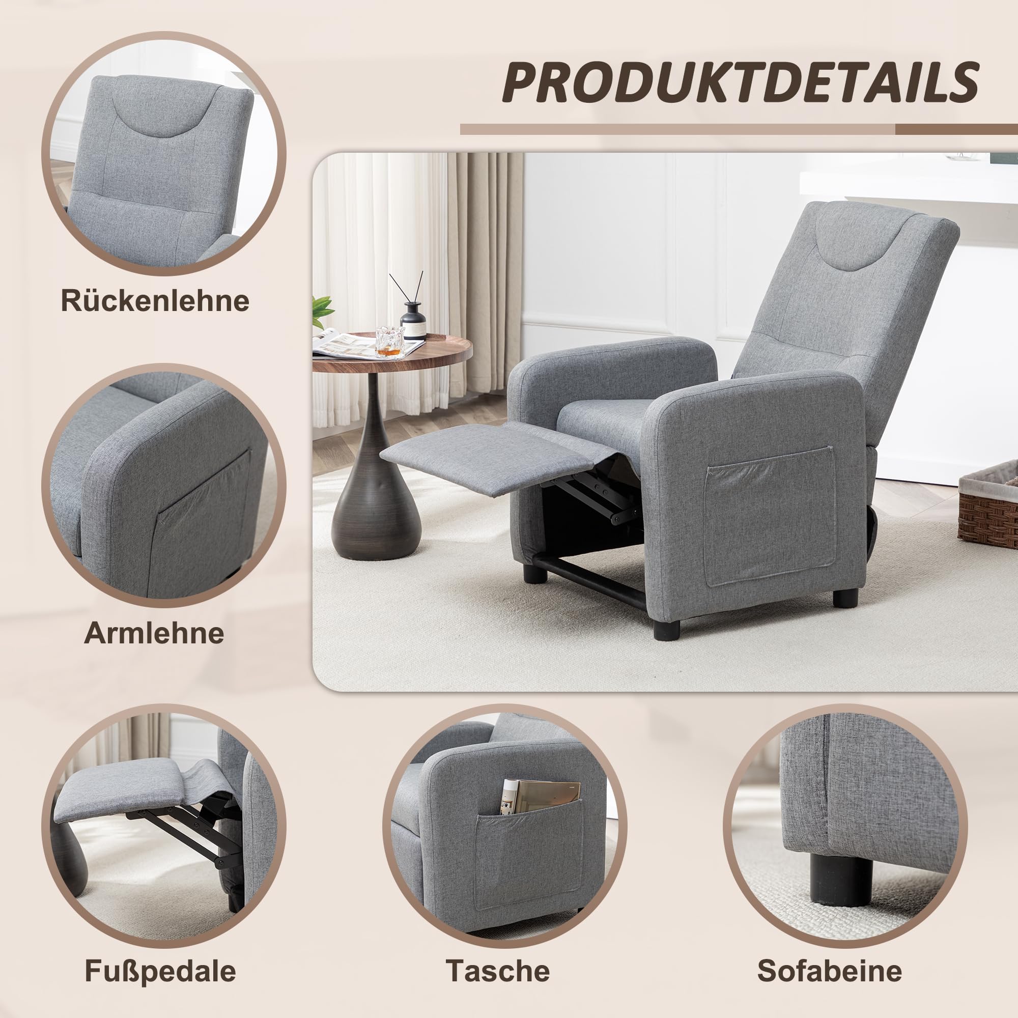 Thanaddo Relaxsessel Fernsehsessel Ruhesessel mit Liegefunktion, Einzelliege Sessel 140° Verstellbarer Rückenlehne, Ergonomisch Lounge Sessel bis 160 kg für Wohnzimmer Heimkino, Leinen Grau