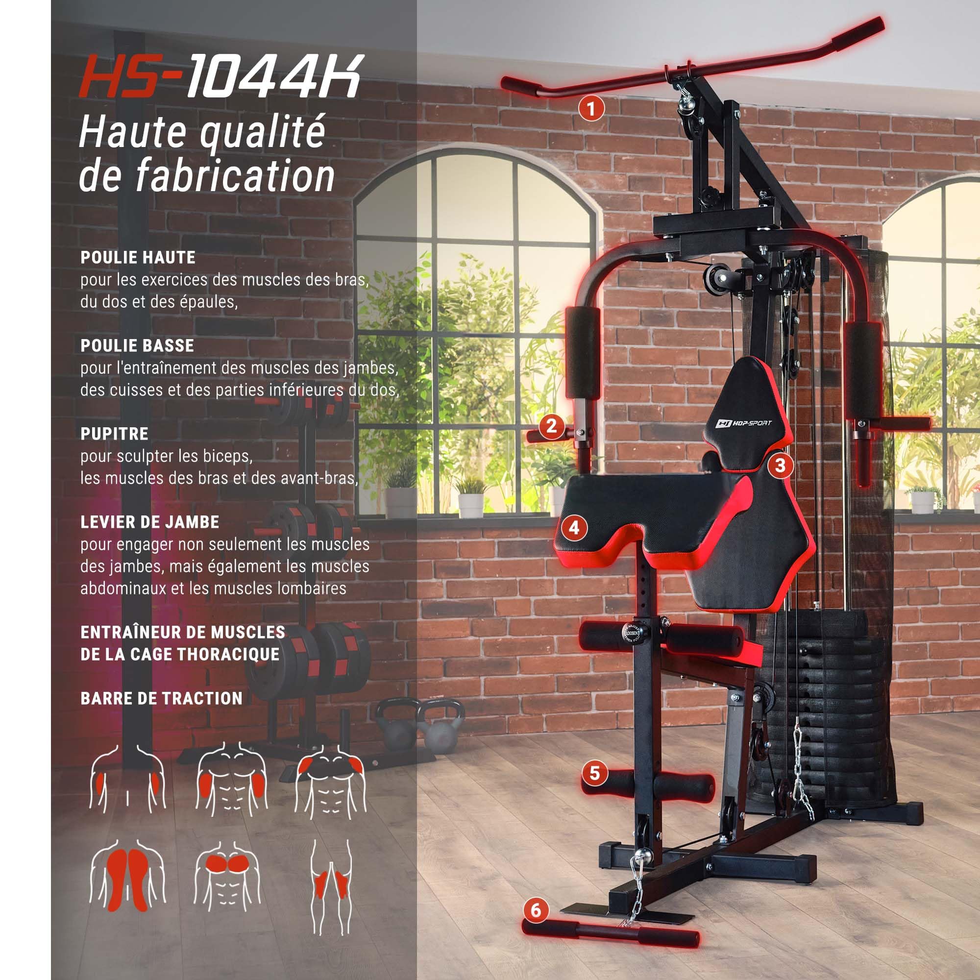 Hop-Sport Station de Musculation Multifonction Complet HS-1044K, Multigym avec 1 Station + 66 kg, Fitness Musculation Appareil avec poulie Haute, Papillon et tirage latéral