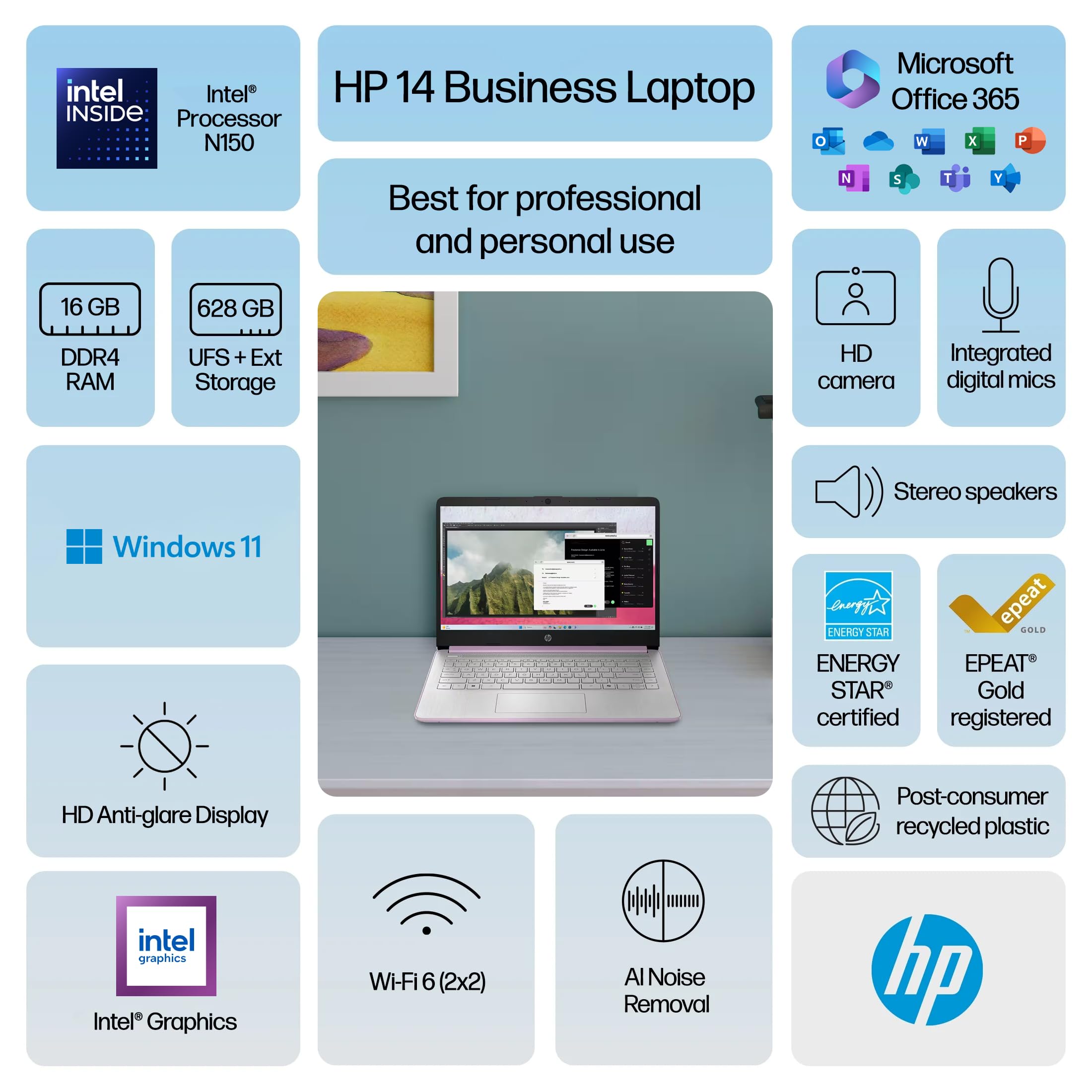 HP 14 Laptop Student Business 2025 Flagship Computer, AI Copilot, 4-Core 13th Gen Intel CPU, 16GB RAM 628GB Storage (128GB UFS+500GB Ext) 1-Yr Office 365 Long Battery HubxcelAccessory Win 11S Lavender