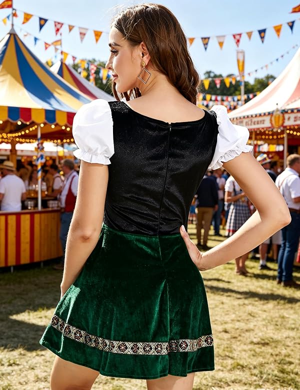 Women Oktoberfest Dirndl Dress 1 Piece Velvet Bavarian Costume Green L by YesFashion - Used condition - Image 3