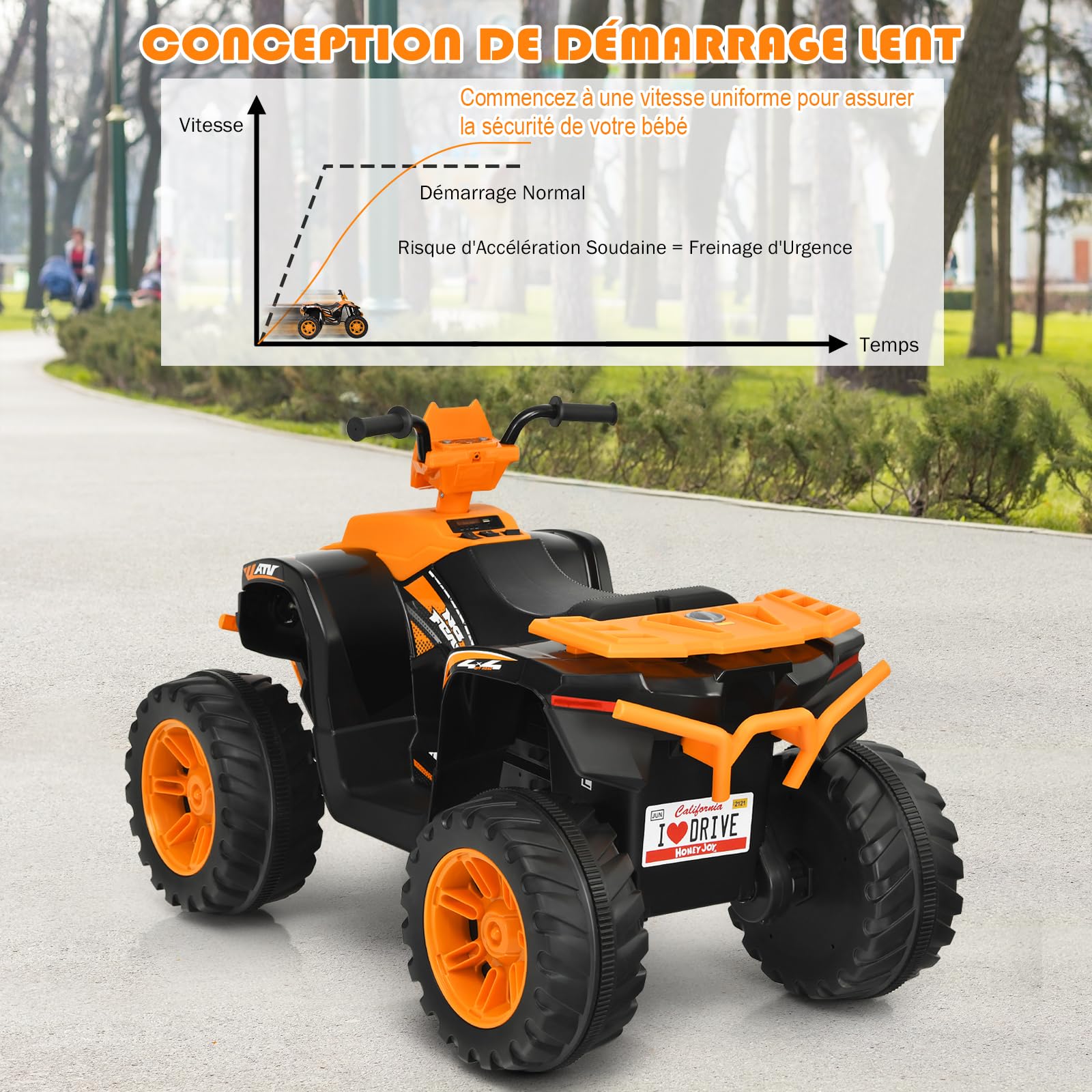 GOPLUS Voiture Quad Buggy Électrique pour Enfant 12V avec 2 Vitesses 2,8-5 km/h, Quad Électrique avec Phare, Klaxon, MP3 et USB, Démarrage Lent, pour Enfants de 3-7 Ans, 104X67X74CM (Orange)