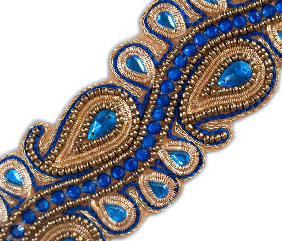 2" Wide Sapphire Blue Beaded Trim Paisley Gold Bullion with Sequins 1.5 Yards