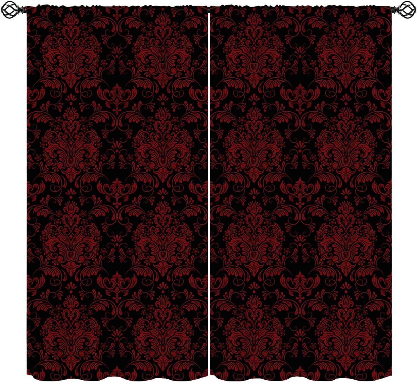 Damask Curtain, Red Antique Baroque Floral Gothic Victorian Pattern Window Curtains for Bedroom Living Room 42" W X 45" L(No Blackout)