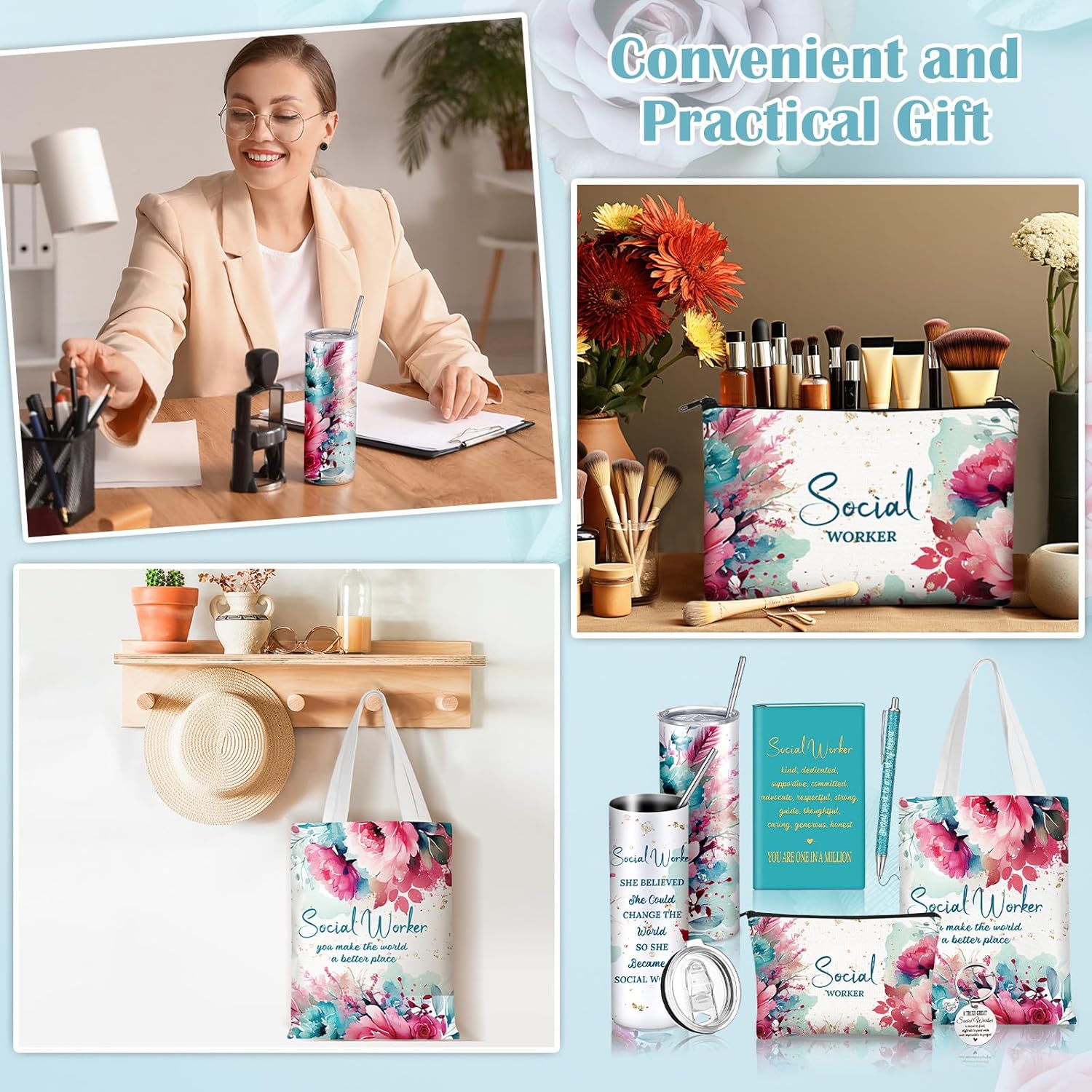 6 Pcs Social Worker Appreciation Month Gifts Include 20 Oz Tumbler Canvas Bag Notebook Pen Social Worker Must Haves for Bsw Msw Dsw Lcsw Coworker Volunteer Office Supplies(Natural Style) - Image 5