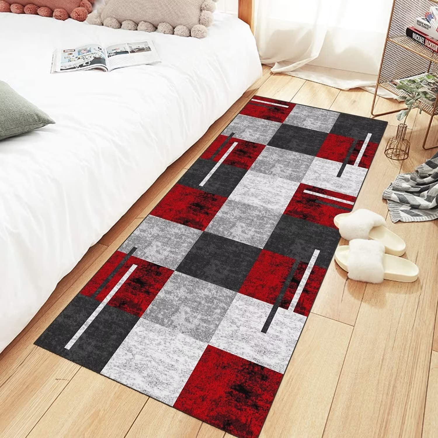 Alfombra antideslizante para pasillo, color rojo y gris, 120 x 200 cm, alfombra de pasillo moderna para cocina, sala de estar, lavable, larga, 40 a 120 cm de ancho