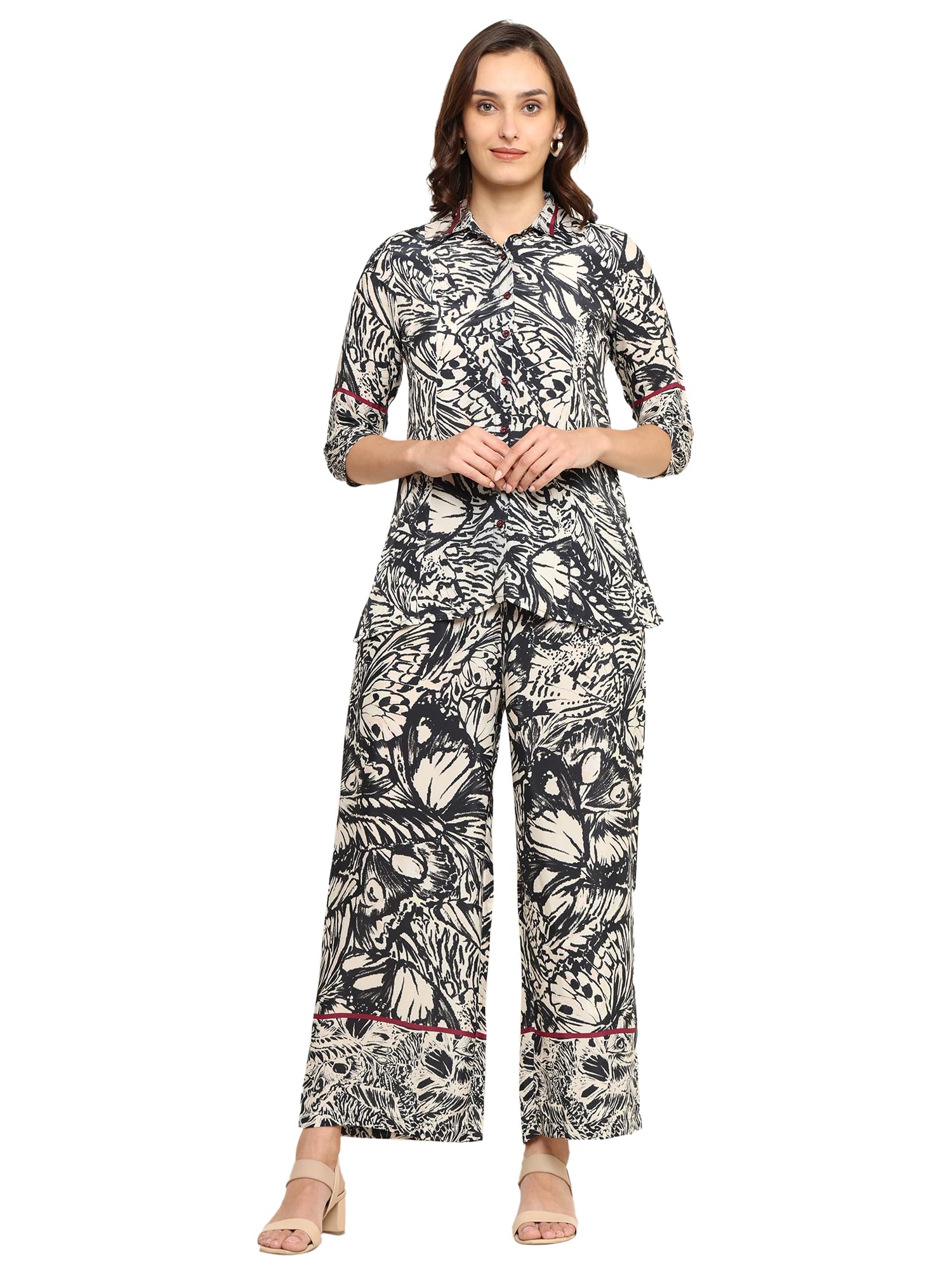 akiko Women's Printed Cotton Blend Co-ord Set with Shirt Collar & Wide-Leg Pants-picture-7