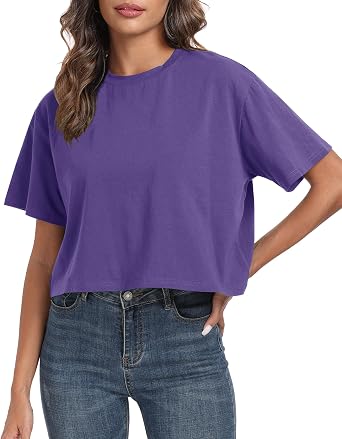 PRIMODA Womens Oversized Workout Cropped T Shirts Crew Neck Short Sleeve Casual Loose Summer Crop Tee Tops Cotton