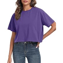 PRIMODA Womens Oversized Workout Cropped T Shirts Crew Neck Short Sleeve Casual Loose Summer Crop Tee Tops Cotton