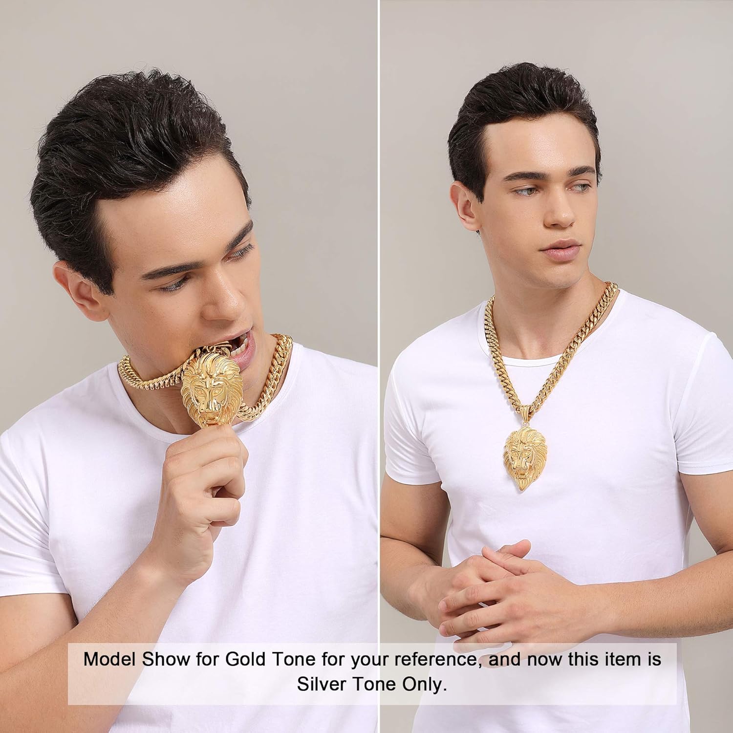 Huge Lion Necklace 18K Gold Stainless Steel Head Pendant Necklace Mens Hip Hop Rapper with 14MM Miami Cuban Link Chain 30inches