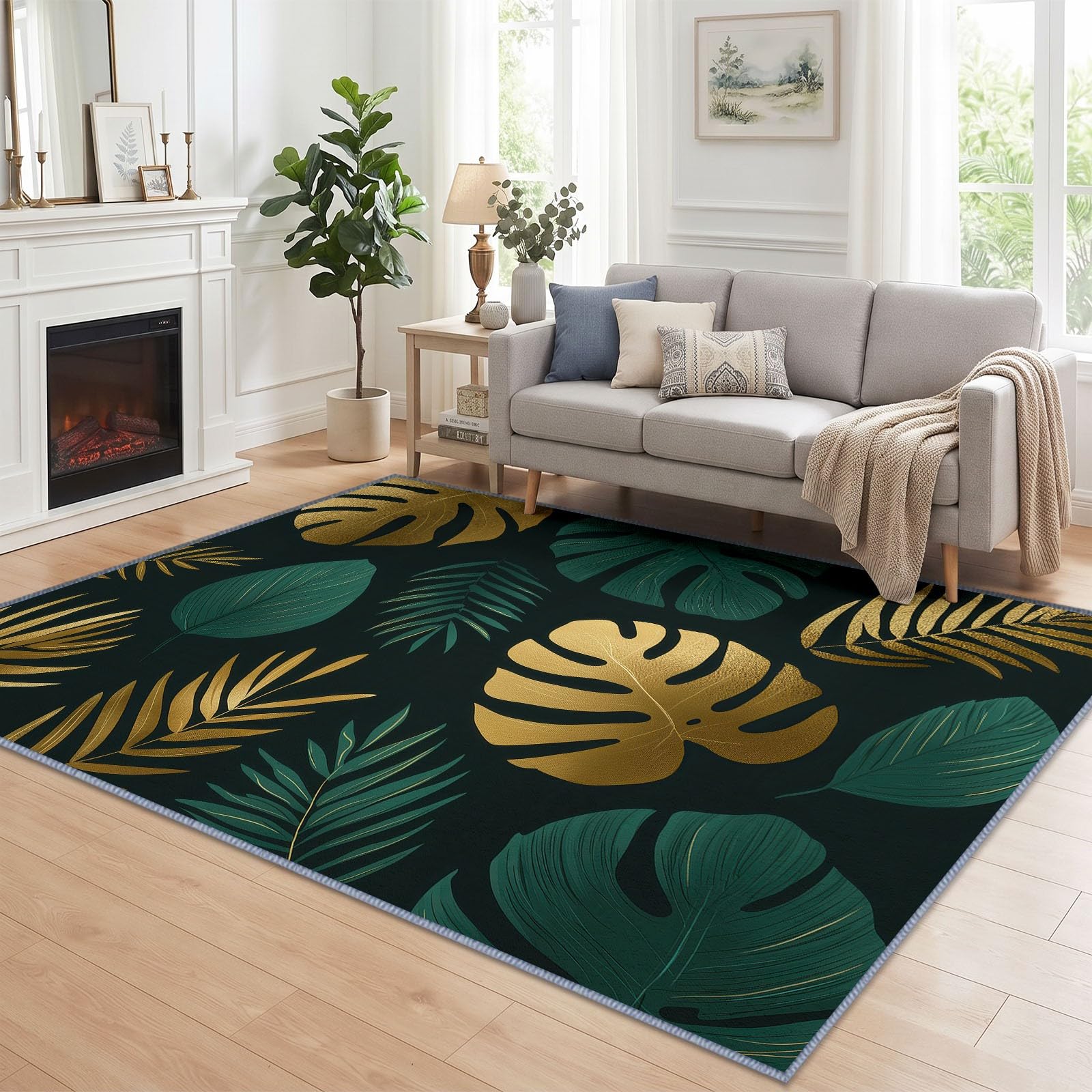 Générique Feuille De Palmier Tapis de Salon Lavable 140x200 cm， Tropical Noir Et Or - Antidérapant et Lavable en Machine - Poils Courts - Douce - pour Salon, Chambre ou Bureau