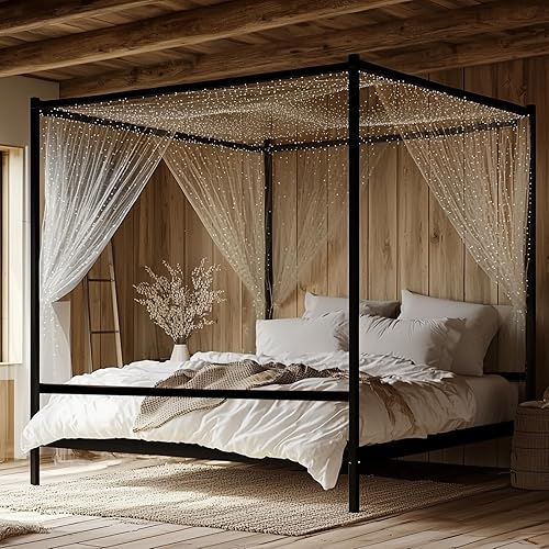 Bonnlo Marco de cama con toldo negro tamaño matrimonial con cabecero, plataforma de metal de 10 pulgadas con 4 carteles, no necesita somier
