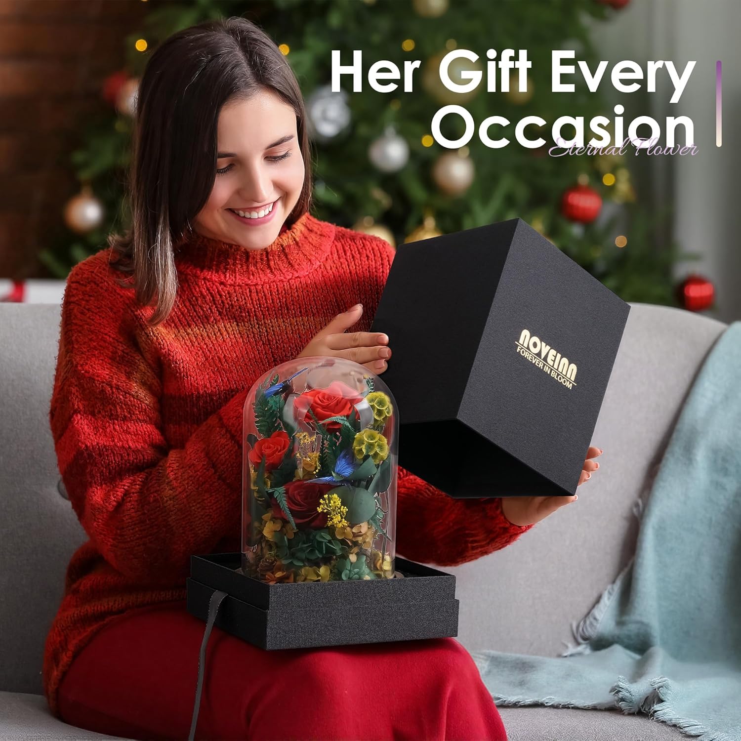 NOVEINN Preserved Flowers in Glass Dome - Eternal Rose Arrangement with Real Preserved Plants, Romantic Forever Rose Gift for Women - Anniversary, Birthday, Mother’s Day, Home Decor(Red) - Image 5