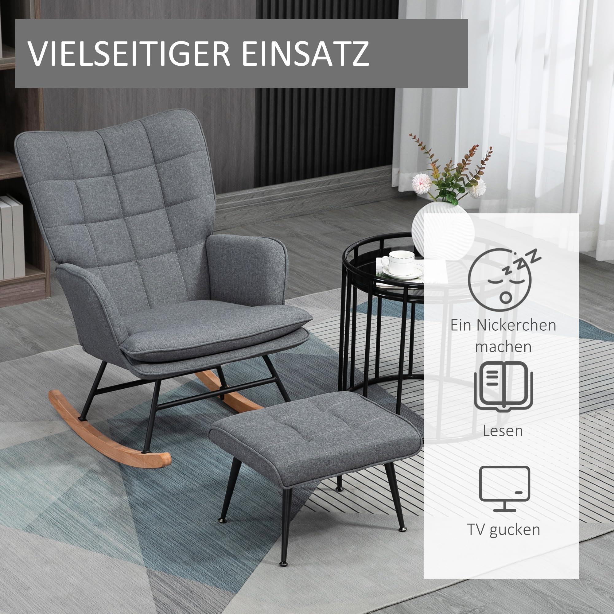 HOMCOM Schaukelstuhl Schwingsessel mit Hocker, Armlehnsessel, Sessel mit Leinenoptik, Schaukelsessel bis 130 kg Belastbarkeit für Schlafzimmer, Wohnzimmer, Grau