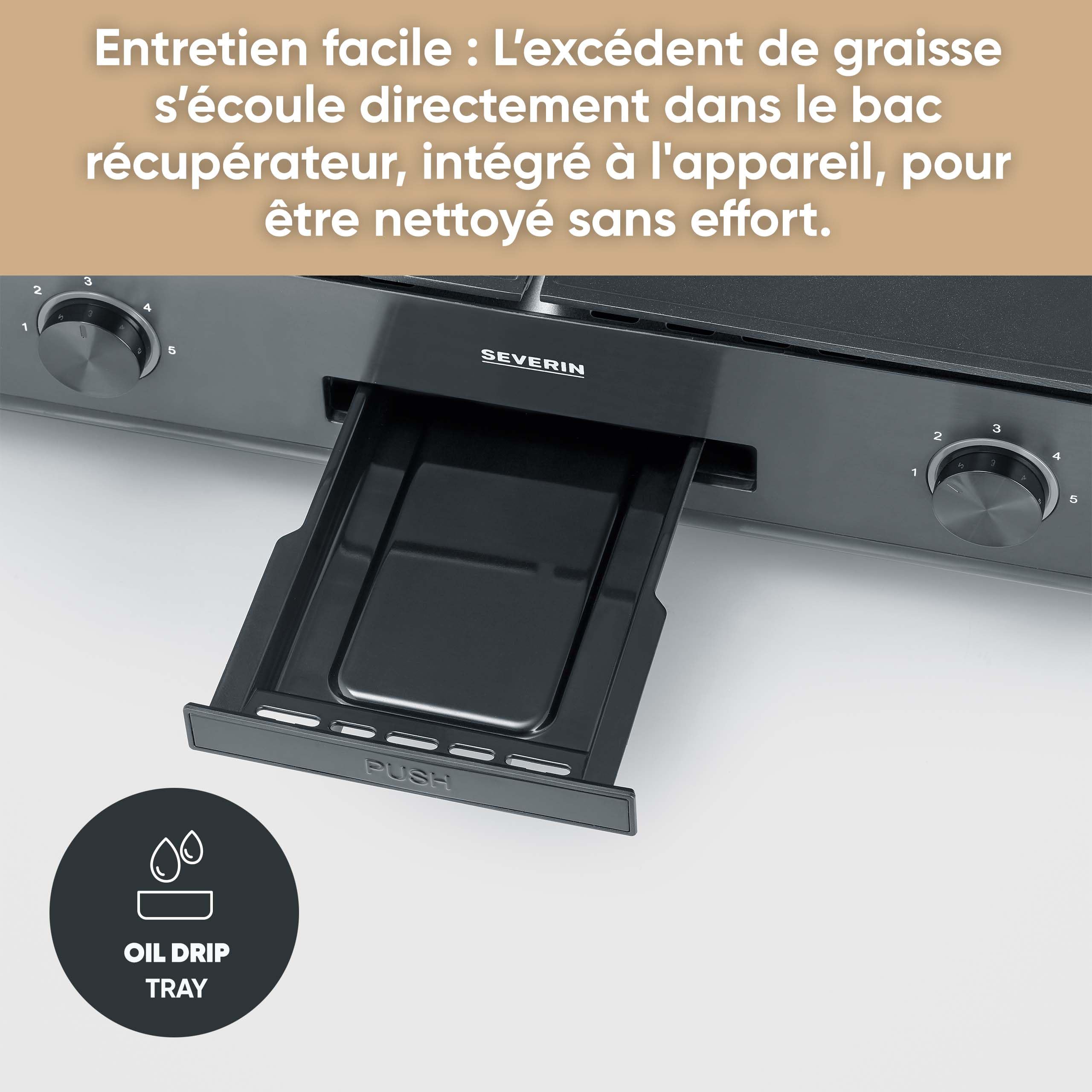 SEVERIN Plancha réglable jusqu'à 240°C, 2 200 W, Plaque de cuisson au revêtement céramique pour viandes, poissons & légumes, Gril électrique avec bac récupérateur de graisse amovible, Noir, PG 8569