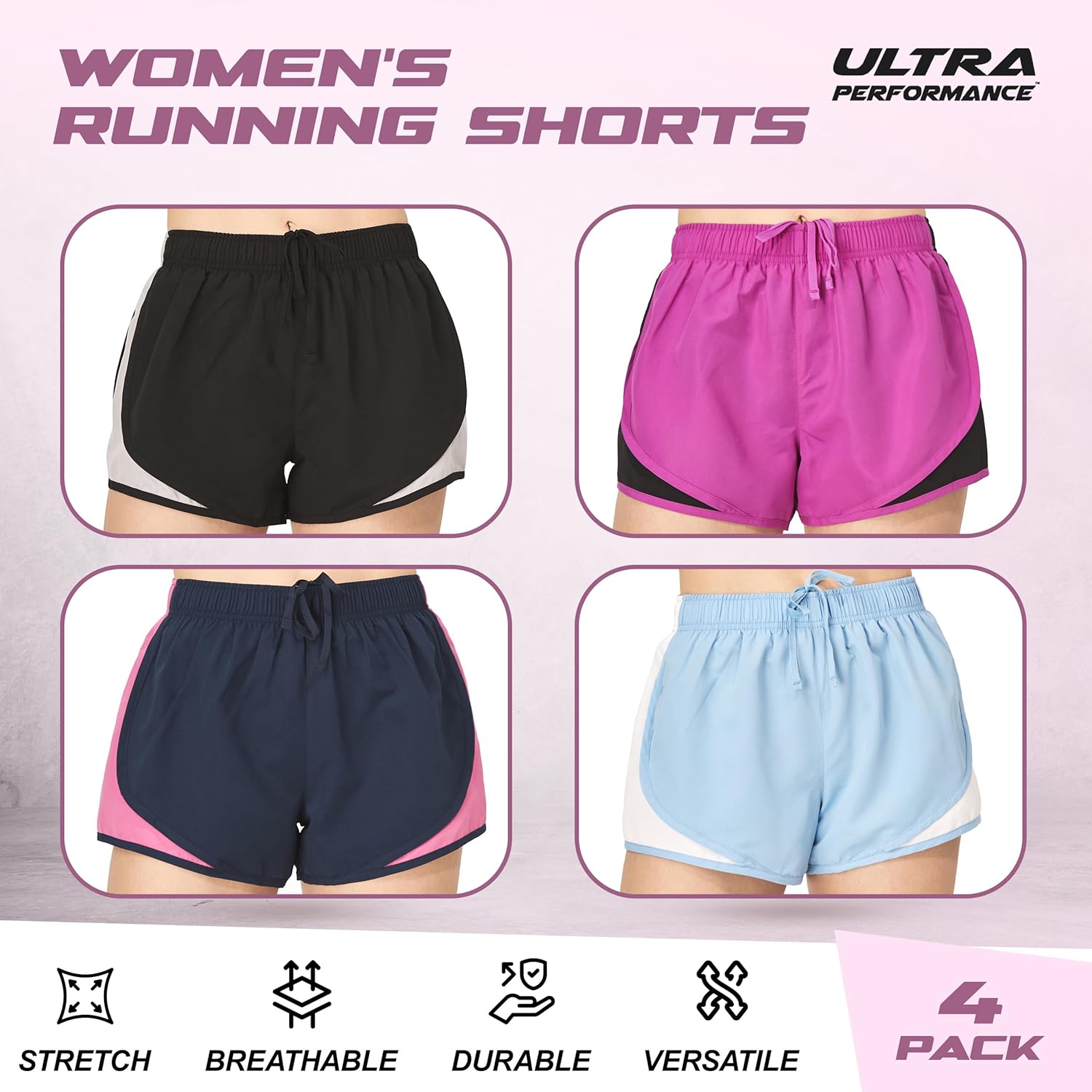 Ultra Performance Women's Running Shorts 4-Pack Athletic Workout Gym Shorts for Women, with Brief Liner - Image 5