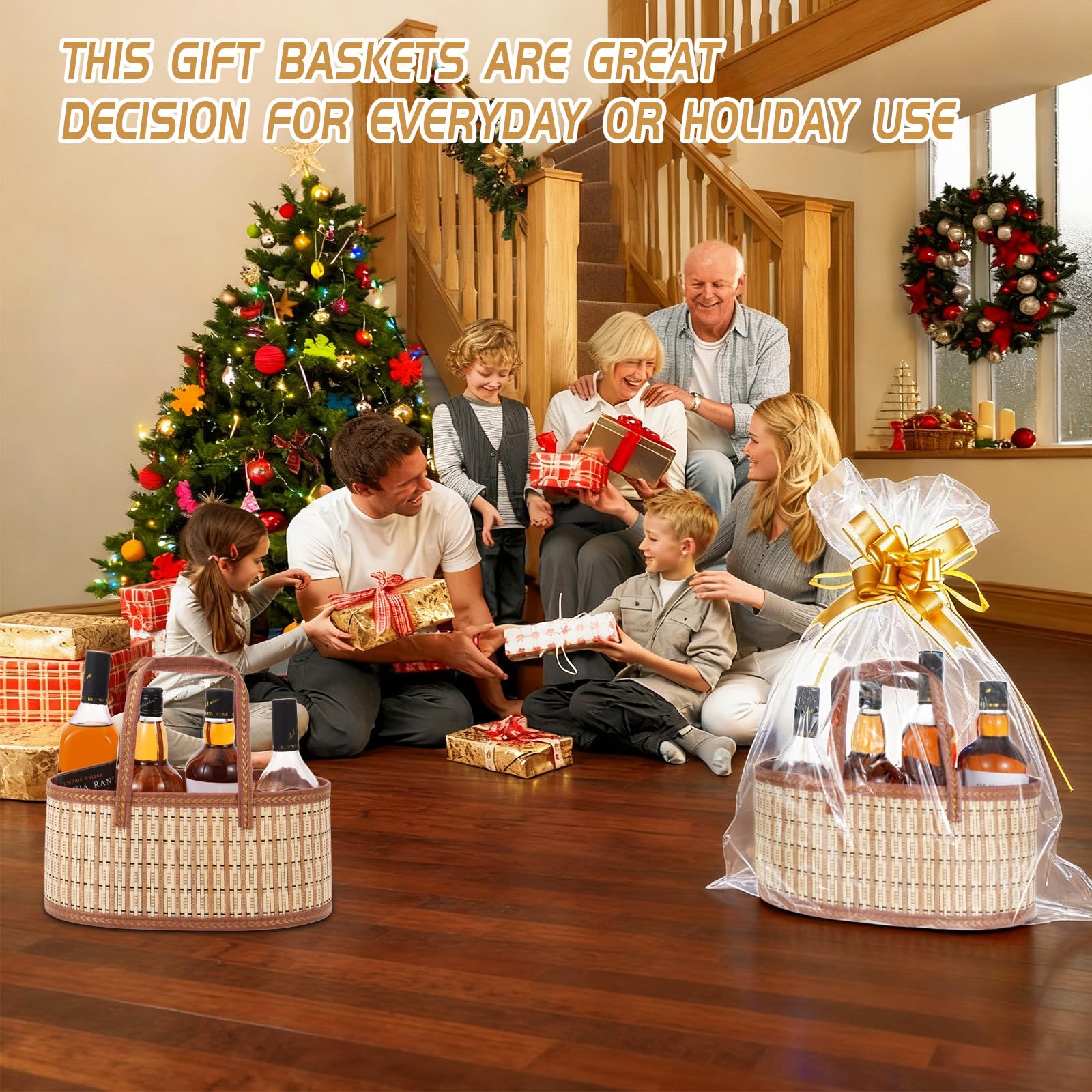 Juego de 4 cestas vacías para regalos, cesta grande de bambú vacía con asas, cesta de regalo tejida plegable con bolsa envolvente/tarjeta/lazo, cestas de regalo resistentes para bautizos de bebé