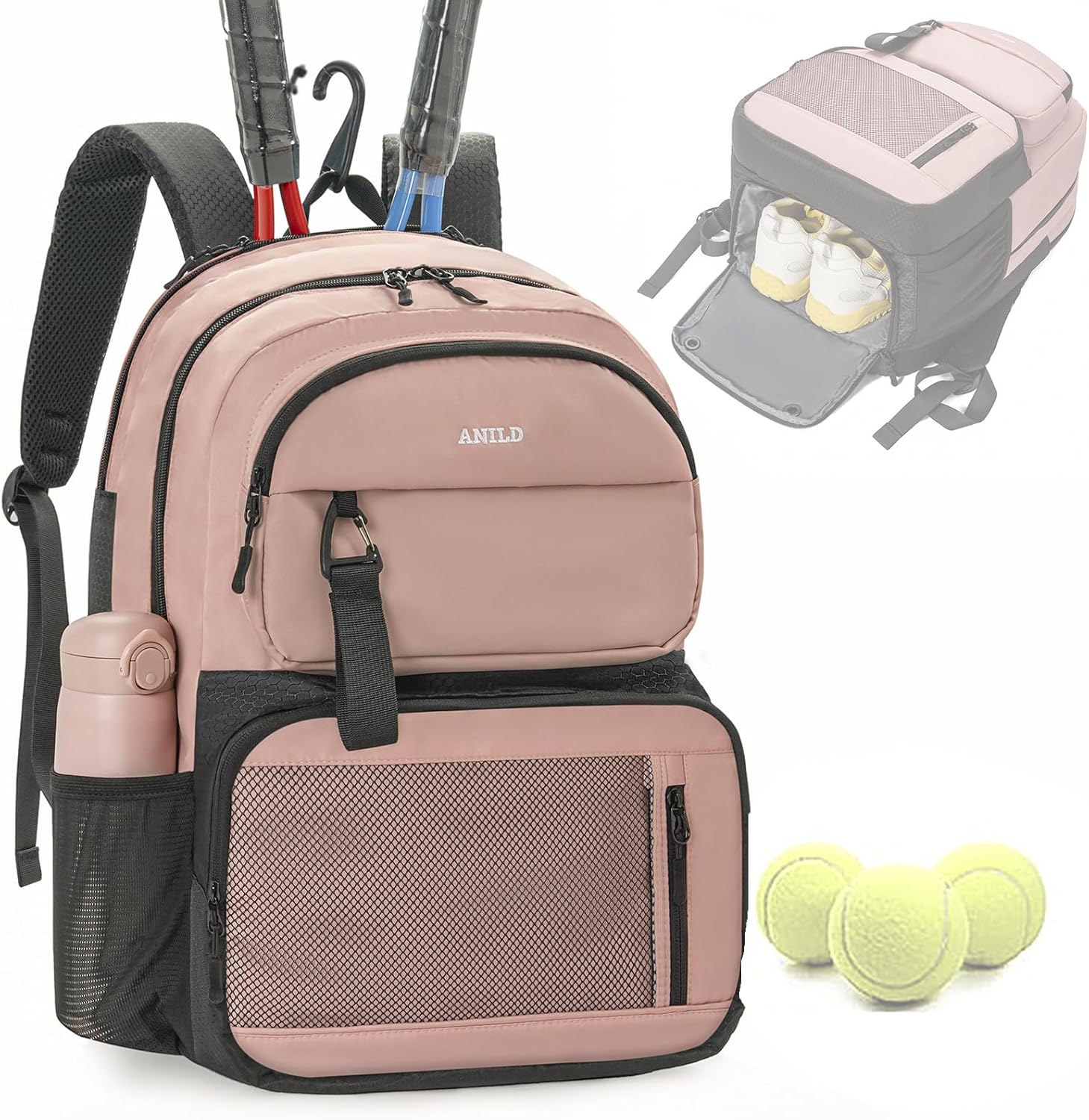 ANILD Tennis Bag Tennis Racket Backpack for 2 Rackets with Ventilated Shoe Compartment for Men & Women