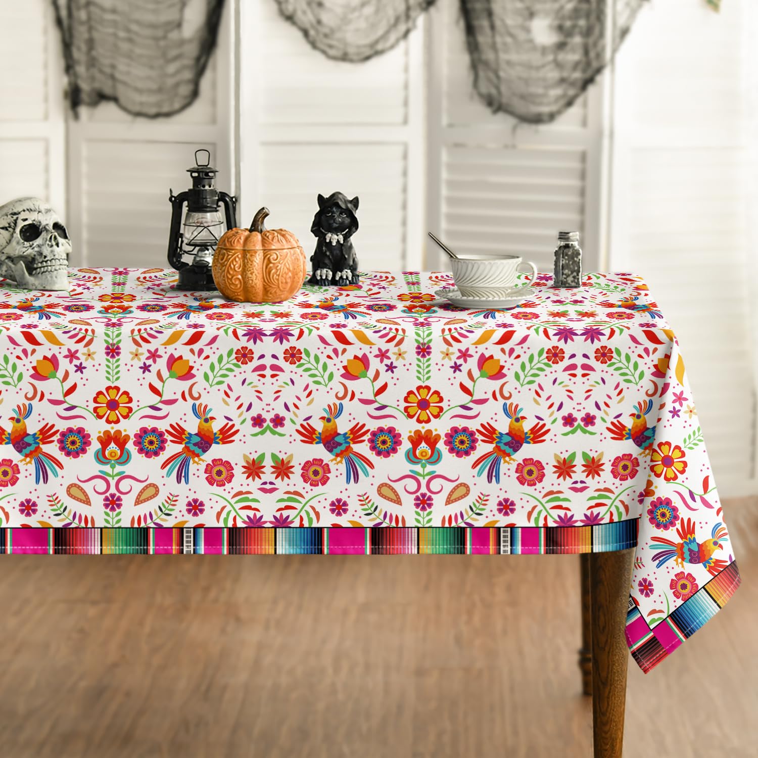 Horaldaily Mexico Tablecloth 60x104 Inch Rectangular, Halloween Cinco De Mayo Fiesta Design White Stripes Washable Seasonal Table Cover for Party
