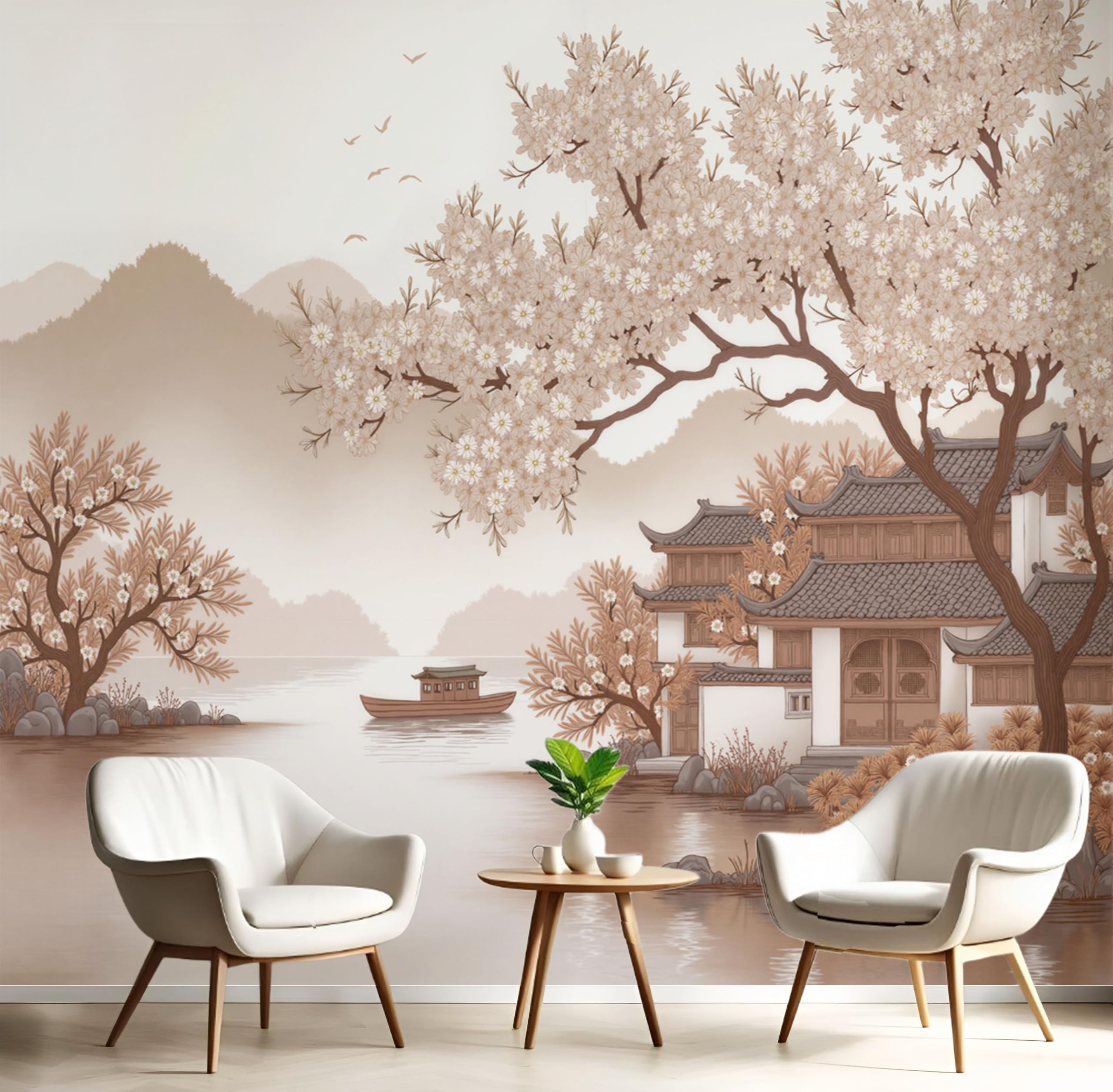 Papier Peint Panoramique Peinture Paysage Chinoise 3D Revêtement Mural Brun