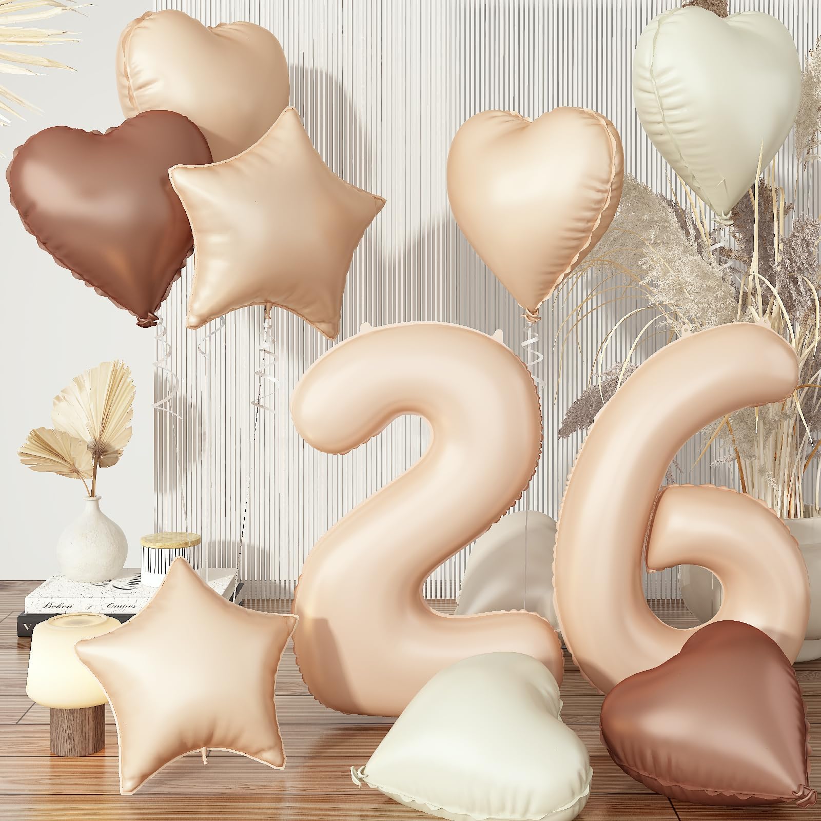 Cream 26 Balloons Decor, Beige Brown White Sand Foil Star Heart Balloon, Large Helium Nude Tan Boho Neutral Number 26 Balloon for Women 26th Birthday