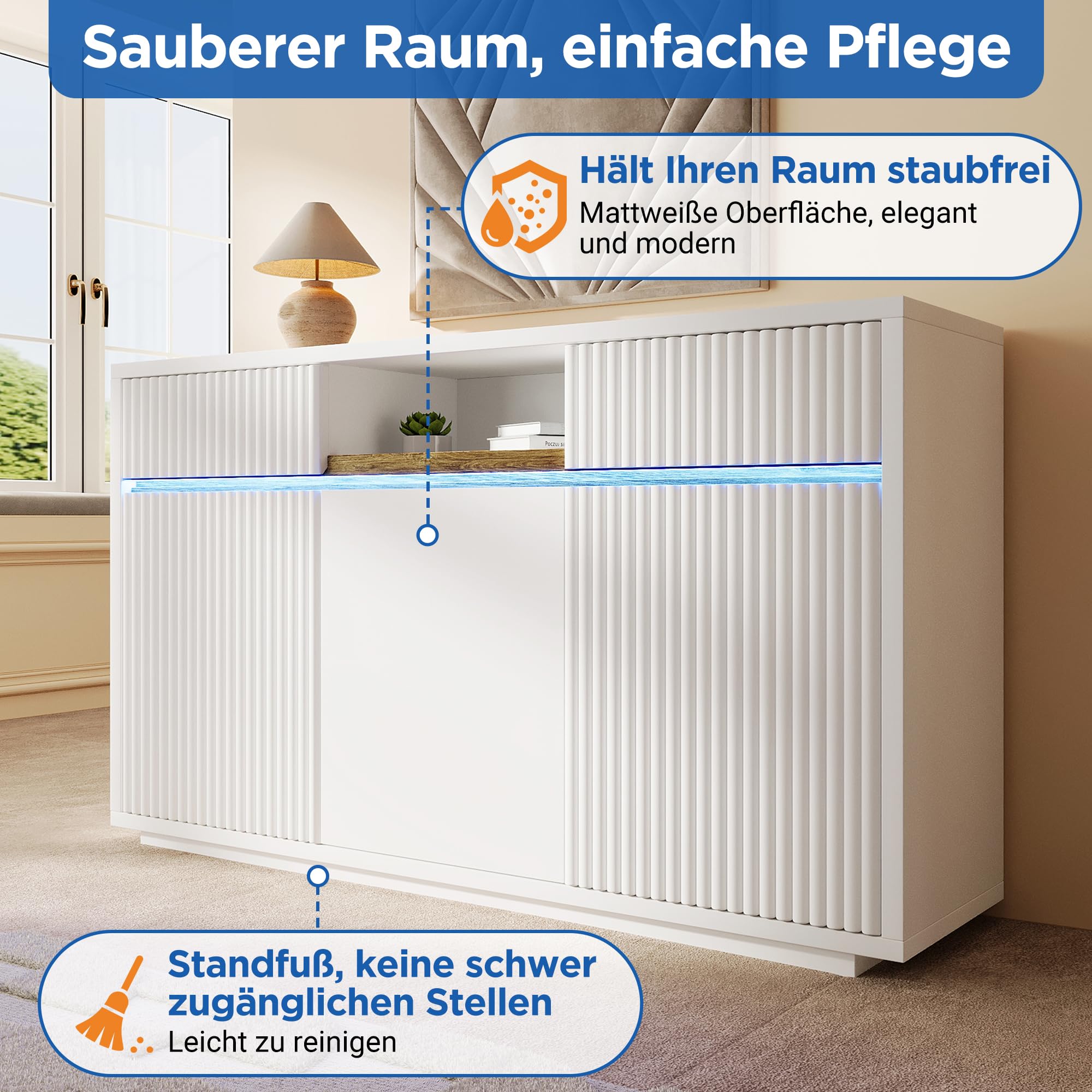 Generisch Kredens biały LED 140 x 40 x 85 cm z 2 szufladami, 3 drzwi
