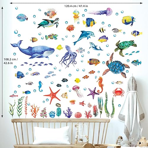 Miniatura 5 de BASHOM DS12-8048 128 calcomanías de pared bajo el mar, calcomanías de peces oceánicos, tortuga, medusas, algas marinas, extraíbles para niños,