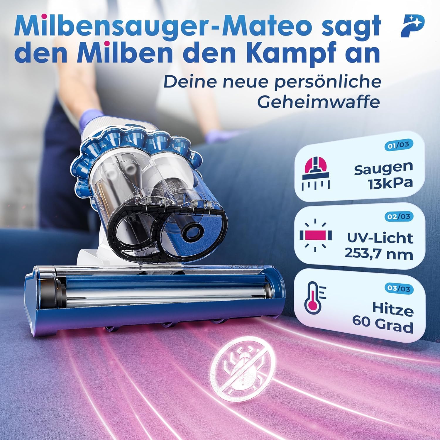 Primavella Milbenstaubsauger für Matratze Bett mit UV-Licht HEPA-Filter Tierhaare