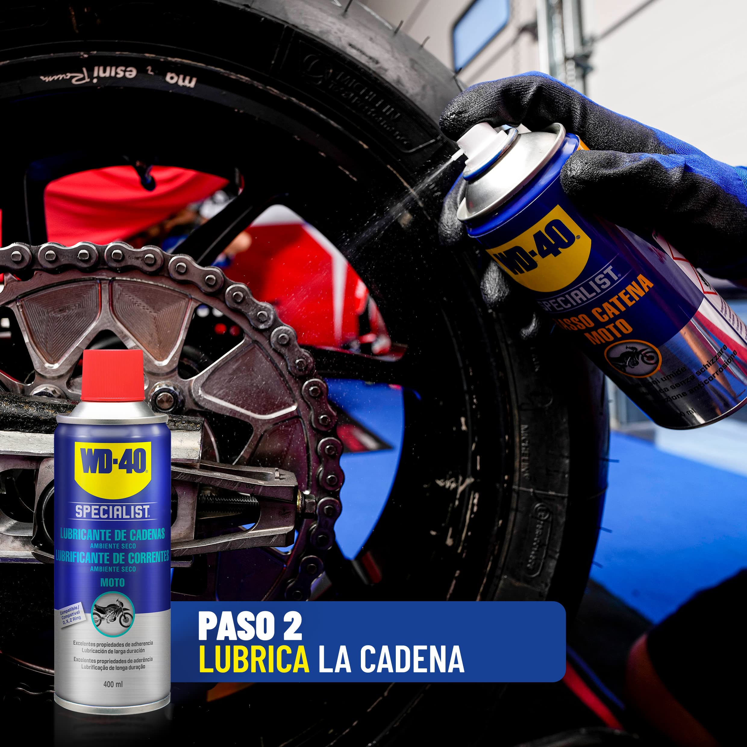 WD-40 Specialist Motorbike Kit Mantenimiento Cadena Moto Ambiente Seco (Limpia Cadenas + Lubricante de Cadenas Ambiente Seco + Cepillo Limpia Cadenas + Guantes de Trabajo +Paño de Microfibra) - 5