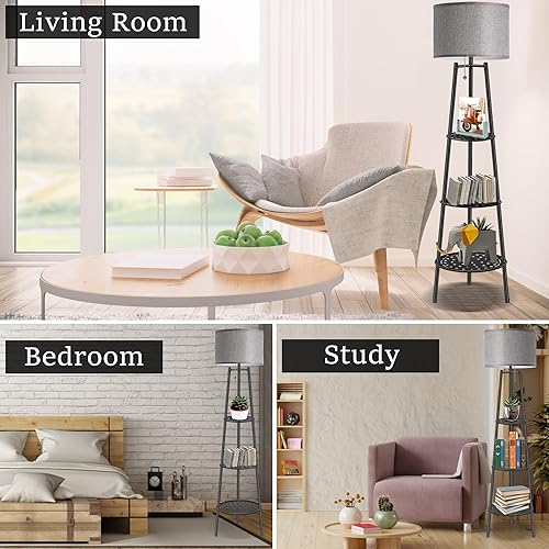 Miniatura 5 de Lámpara de Pie con Estanterías, Lámpara de Pie Moderna con Bombillas LED de 3 Temperaturas de Color, Lámparas de Pie de Rincón para Sala de Estar y