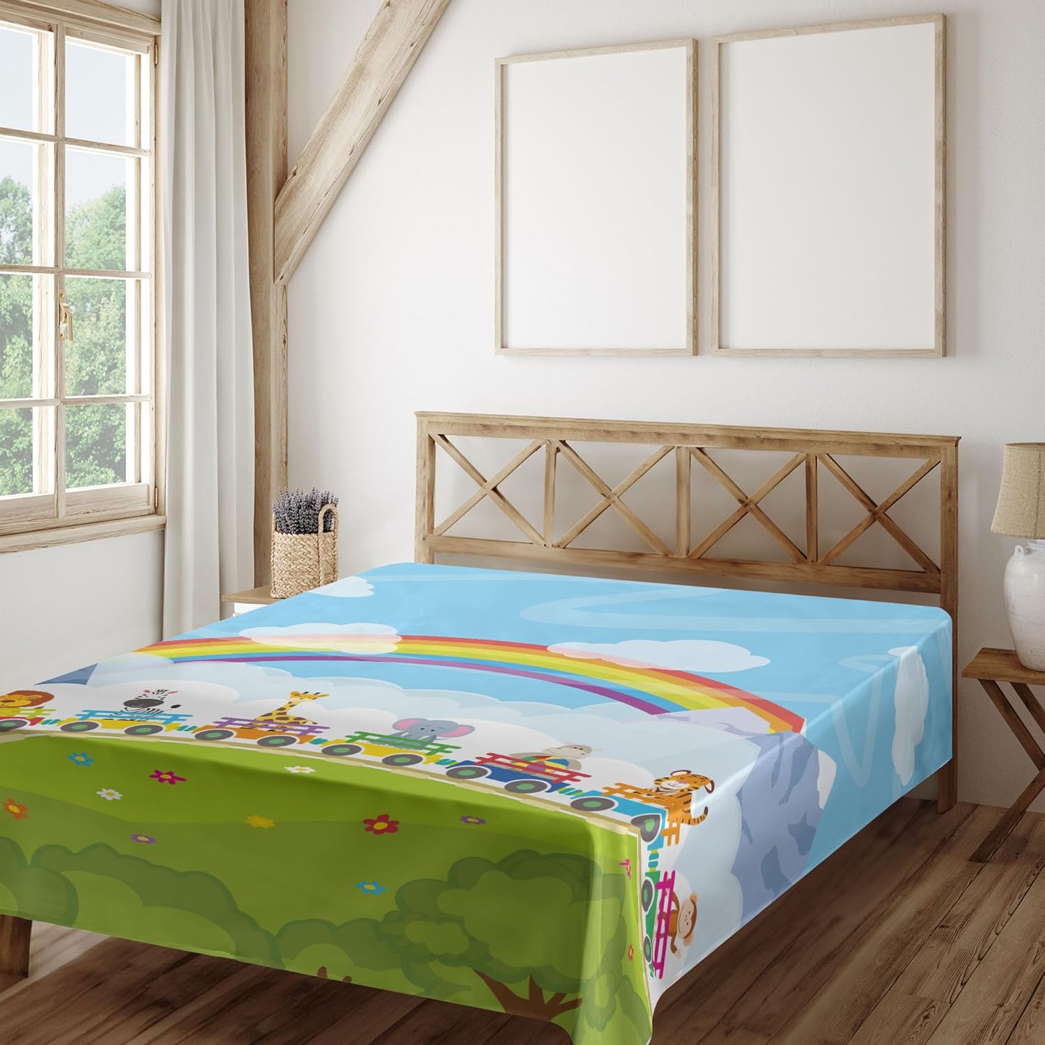 Ambesonne Cartoon Flat Sheet, Railway Train with Various Animals and a Rainbow Mountains Clouds Trees, Soft Comfortable Top Sheet Decorative Bedding 1 Piece, Queen Size, Multicolor