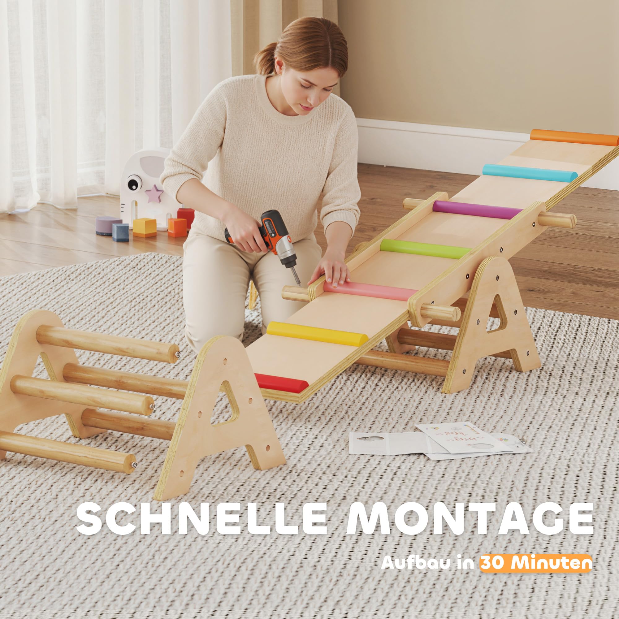 AIYAPLAY Balance Wippe Kinder, Schwebebalken aus Holz, Equilibrium Spielgeräte 133 x 38 x 24 cm