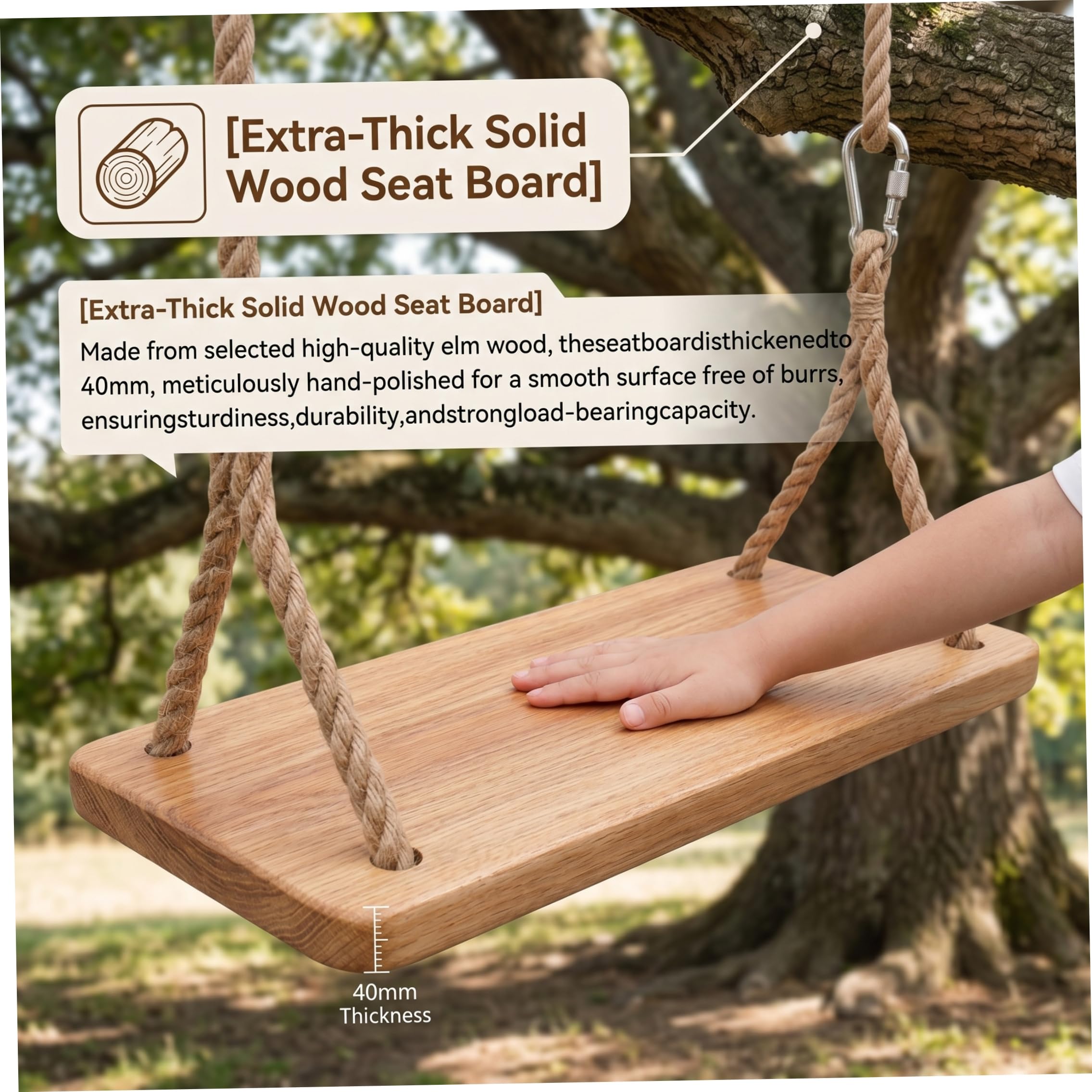Altalena a trapezio, altalena in legno per esterni, legno di olmo spesso per bambini con corda resistente e parti metalliche, interno/esterno per bambini e adulti, sedile da 15, 75x6, 30 pollici con
