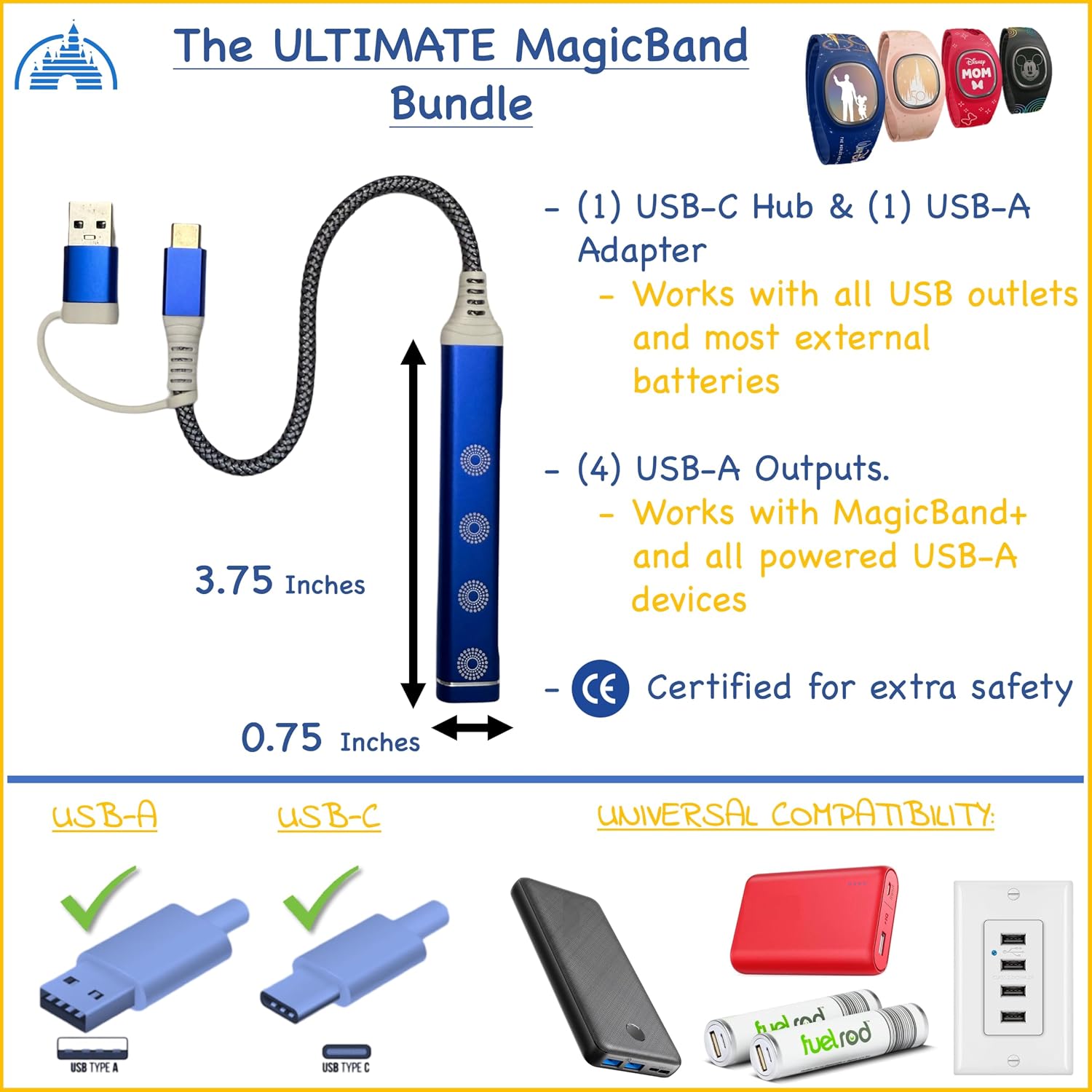 MultiCharger for MagicBand+, MagicBand +, Magic Band Compatible with FuelRod & Other External Battery. Disneyland Accessories for Trip to Disney World Cruise (USB-A & USB-C, 1-Pack)