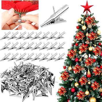 100 Pcs Christmas Tree Ornament Clips Ball Flower Decoration Clip Iron Metal Alligator Spring Clamps Test Line Crocodile Craft Baubles Hooks Hanger for Xmas Decorations 1.18 Inch