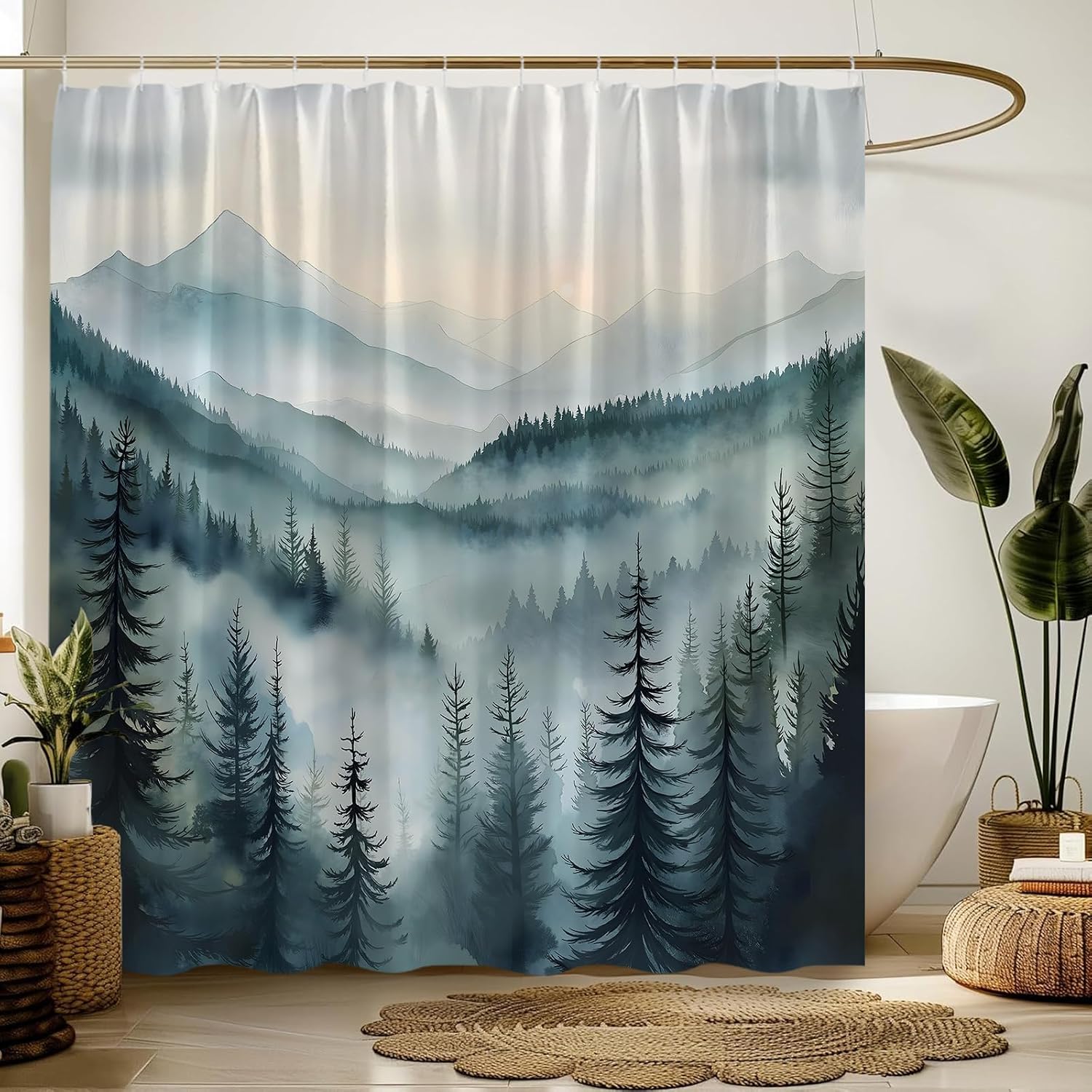 Misty Forest Shower Curtain Pine Tree Forest Mountain Jungle Green Nature Rustic Watercolor Landscape Bathroom Decor Curtain with Hooks,70" W x 70" L