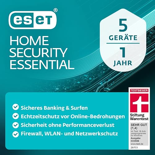 ESET HOME Security Essential 2026 | 5 Geräte | 1 Jahr | inklusive Firewall, Sicheres Banking & Surfen, Mikrofonkontrolle & Webcam-Schutz| Windows, macOS und Android | Aktivierungscode per E-Mail