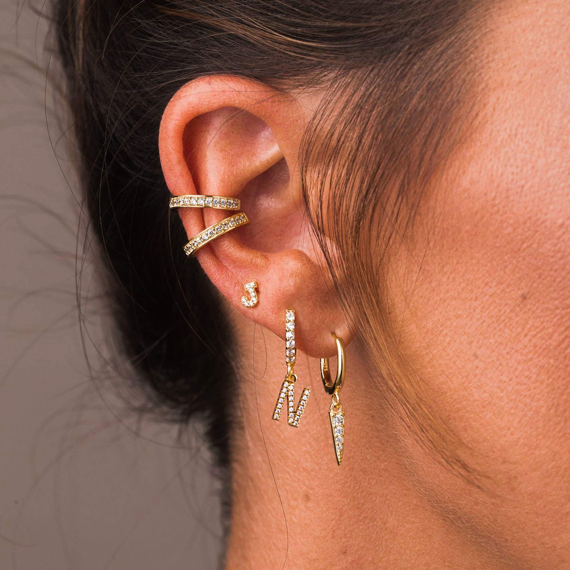 MEVECCO 18K Dainty Gold Filled Pave Cubic Zircon Letter Charm Huggie Hoop Earrings Wear Initials A-Z 26 Letter Charm Earrings Personalized Tiny Dangle Minimalist Initial Jewelry