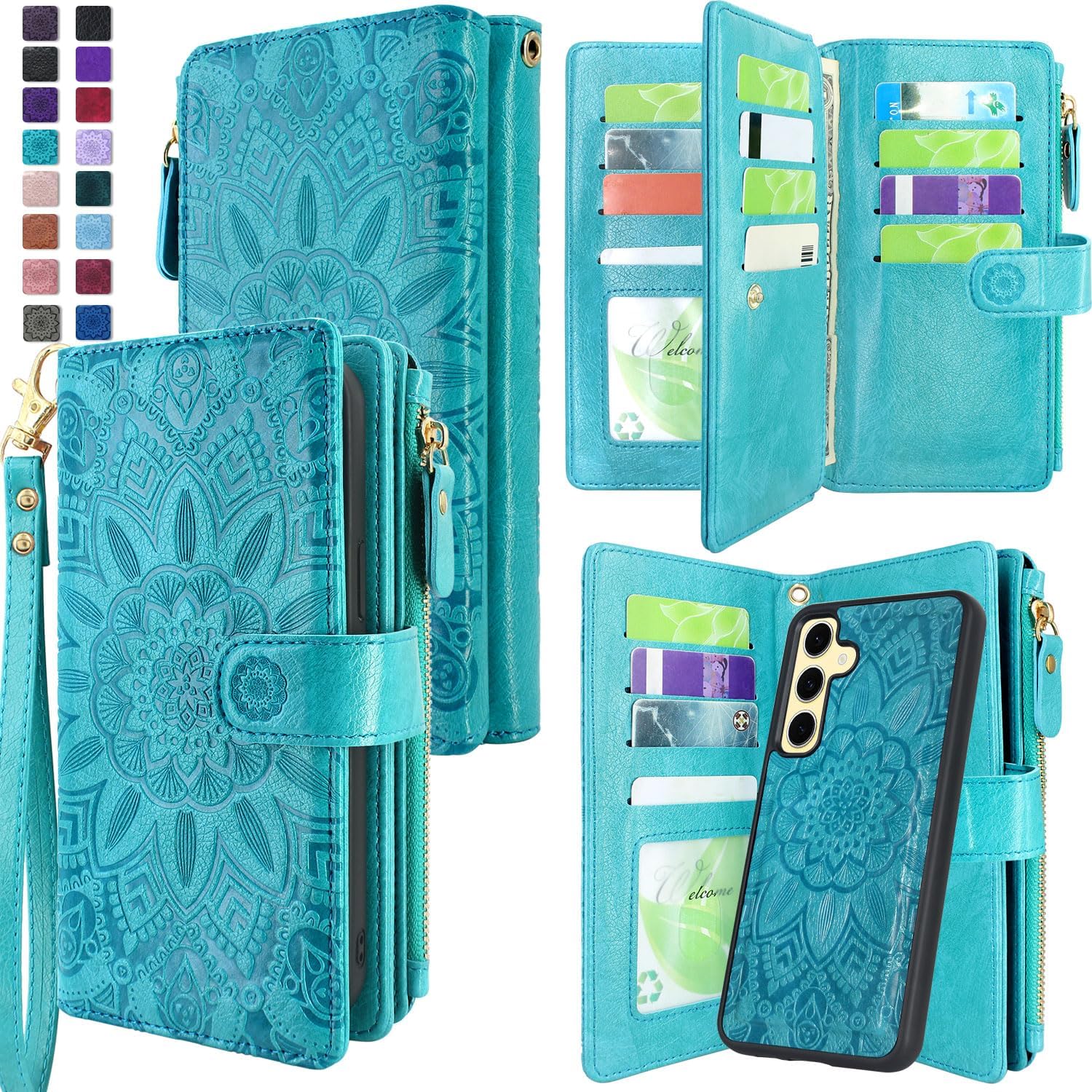 Harryshell Detachable Magnetic Zipper Wallet Leather Case with Cash Coin Pocket 12 Card Slots Holder Wrist Strap Lanyard for Samsung Galaxy S24 FE (2024) (Flower Teal)