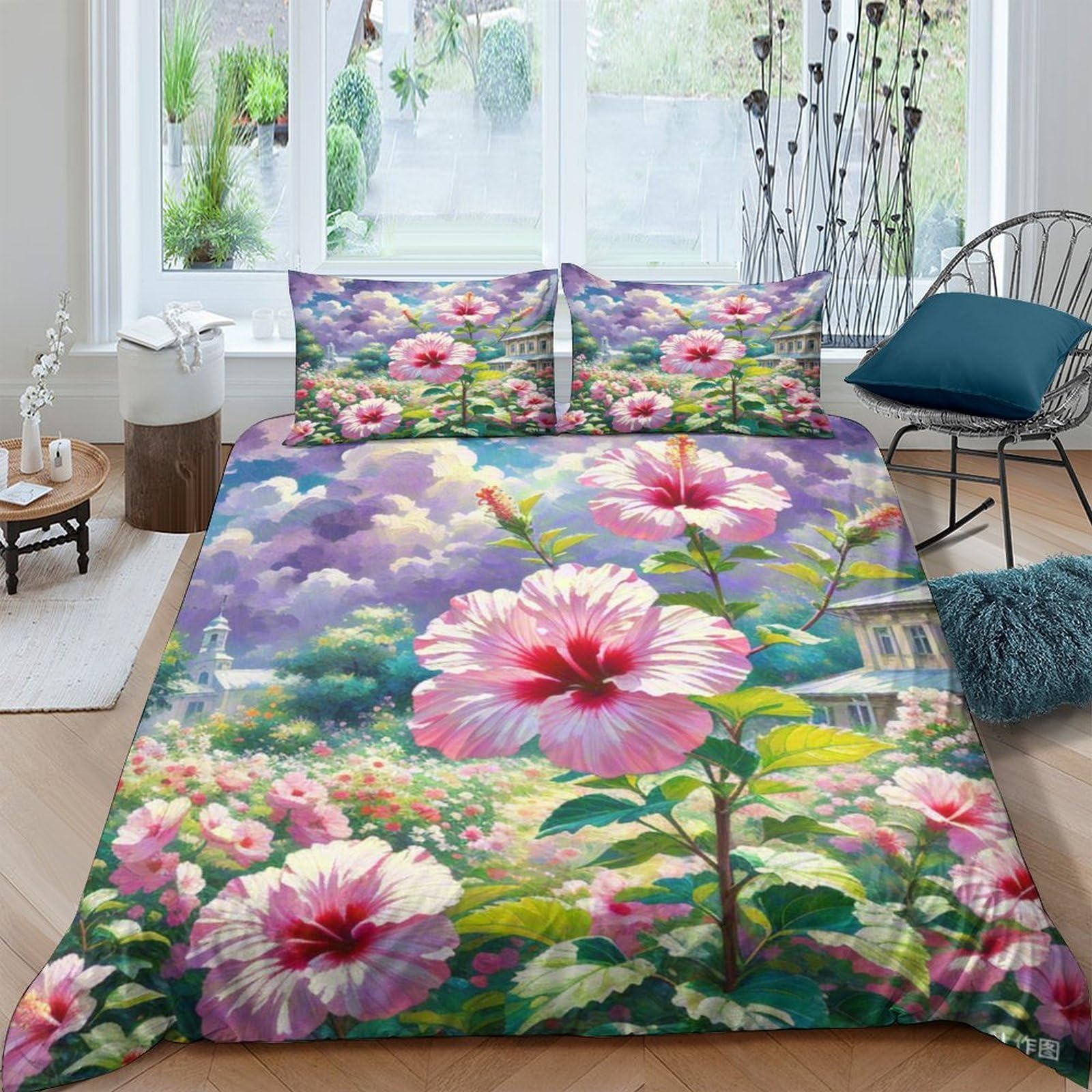 Housse de couette Hibiscus 3D 200x200cm en microfibre douce avec sa taie d'oreiller assortie