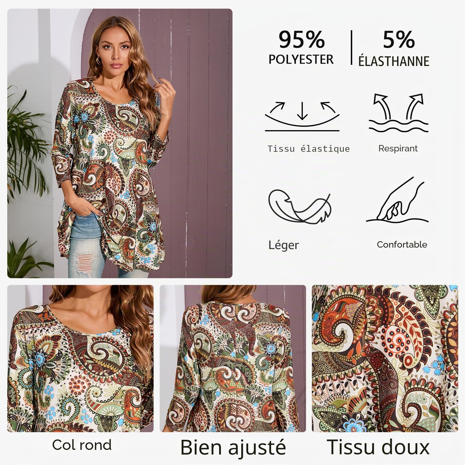 Enmain Femme Tunique à 3/4 Manches Longues Chemise Imprimée à Motifs Floraux Paisley pour Les Femmes Casual élégant Chic T-Shirt Blouses