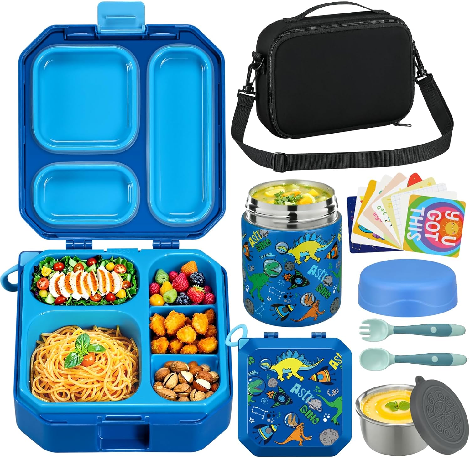 Itslife Bento Lunch Box Set for Kids with 12oz Soup Thermo&Lunch Bag, Leak-Proof Lunch Food Containers for Kids School, 5 Compartment, Sauce Cup, 10 Notes (Blue Dinosaurs)
