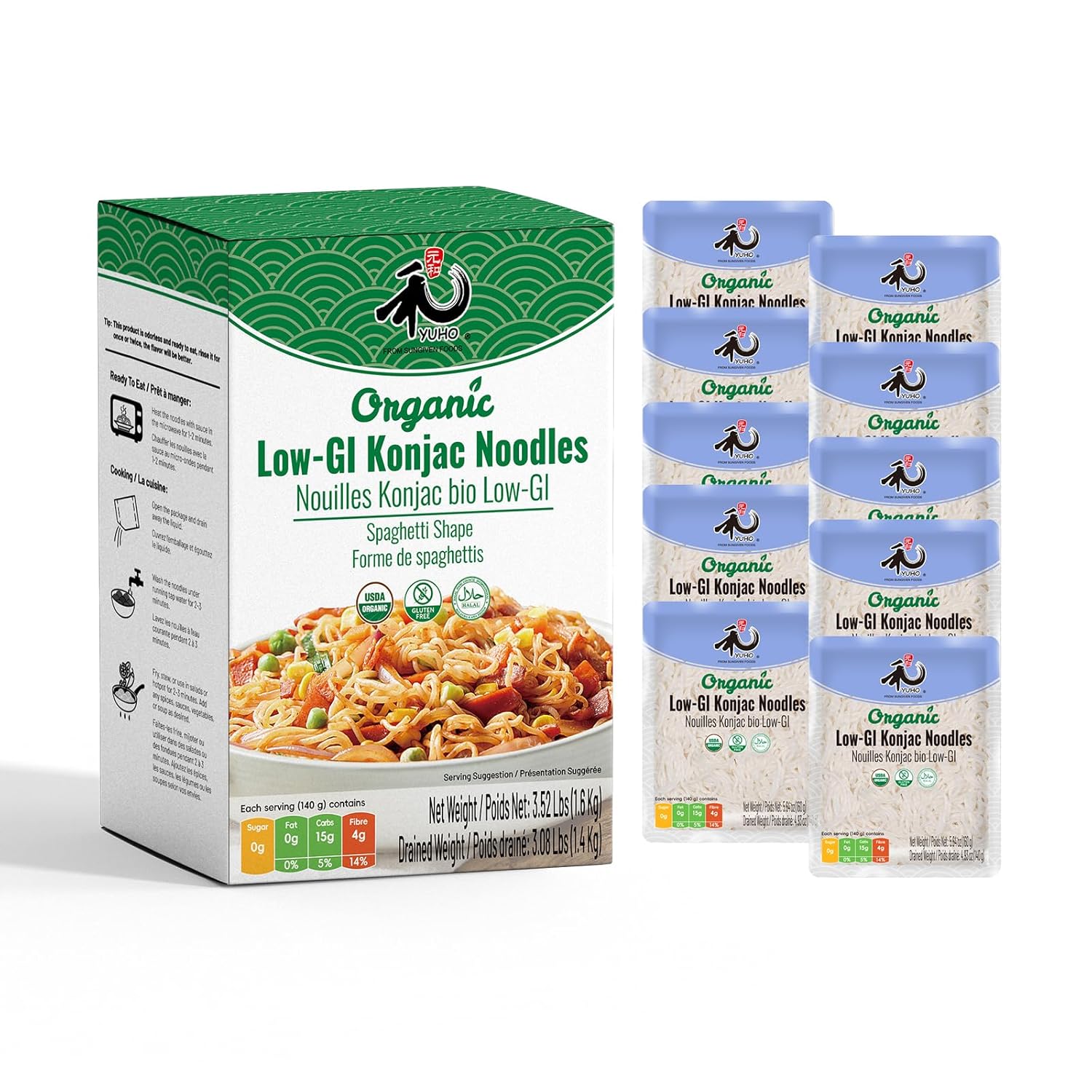 YUHO Fideos Konjac Shirataki Espagueti Orgánico, 10 Paquetes, 56.5 oz