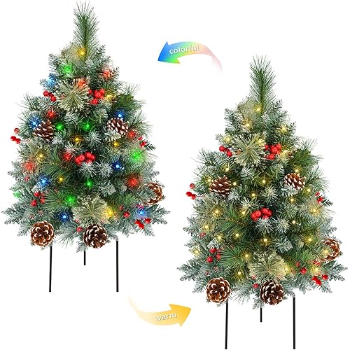 2 Pack Pre-lit Christmas Tree, Battery Operated with Timer, Multi-Color & Warm White Changing LED Lights, 27 inch Artificial Christmas Tree for Outdoor Porch, Urn Filler, Home Xmas Decorations