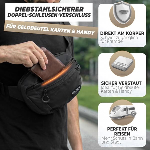 Bauchtasche Damen & Herren groß - Taktische Bauchtasche mit Anti-Diebstahl-Fach - Große EDC City Hüfttasche & Outdoor Gürteltasche - Crossbody Bag für Reise Wandern - diebstahlsicher - 3