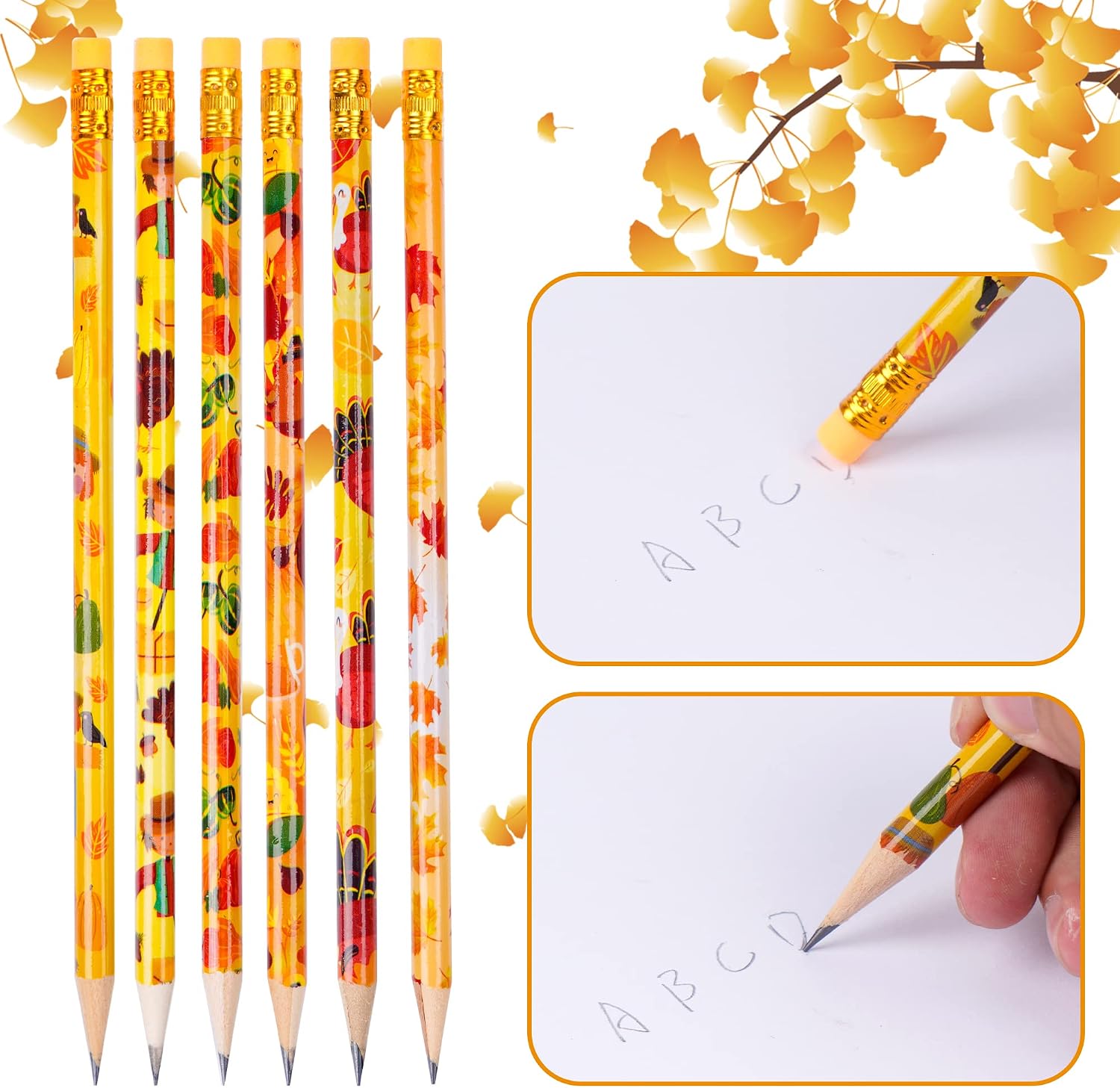 Kolewo4ever 200 Pieces Fall Pencils Thanksgiving Pencils Assortment Cylinder Wood Pencil Maple Leaf Autumn Turkey Pencil for Thanksgiving Pumpkin Autumn Gift,6 Styles image 4