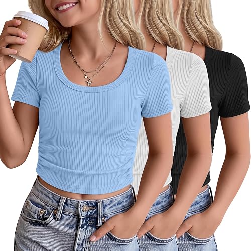 Mumucove 3 Pack Girls' Crop Tops Tween T Shirts, 3-Color, 11-12 Years